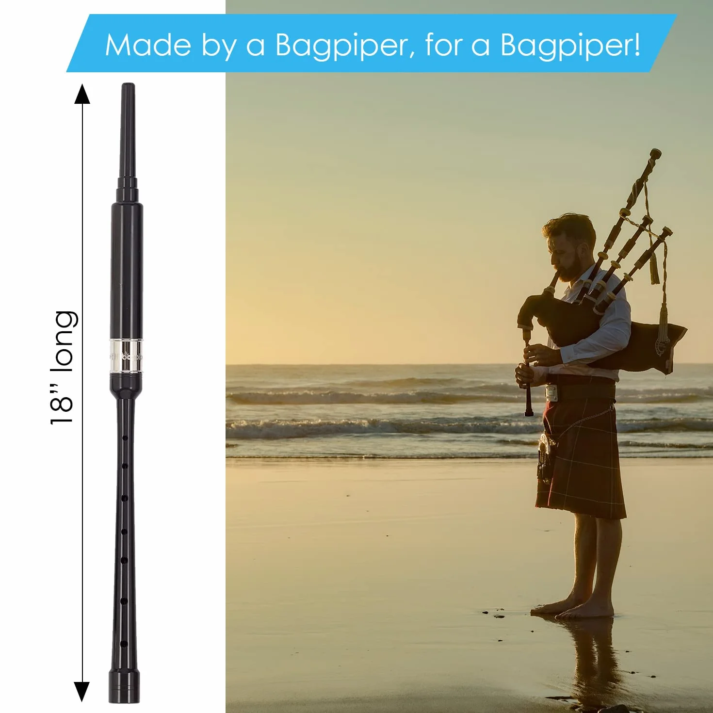 Bagpipe Practice Chanter 18 inches long, full size hole spacing, Nickel Plated Engraved Ferrule. Breathable Black Case. Bagpipes for Beginners Adult, 2 Bagpipe Practice Chanter Reeds