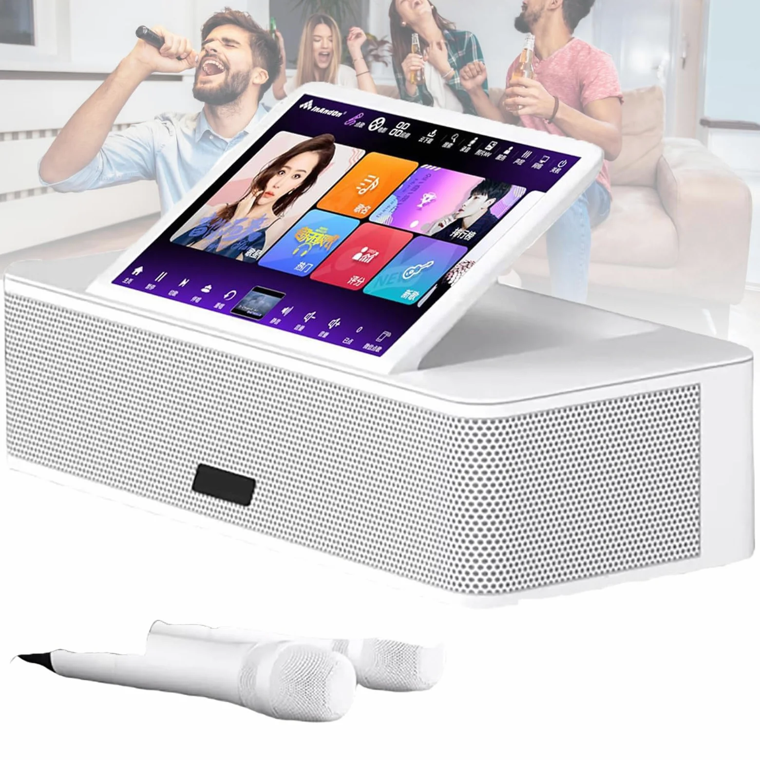 Sistema karaoke con touch screen, display da 14 pollici, due microfoni wireless, controllo vocale AI, lettore multimediale portatile, KTV desktop con memoria da 3 TB