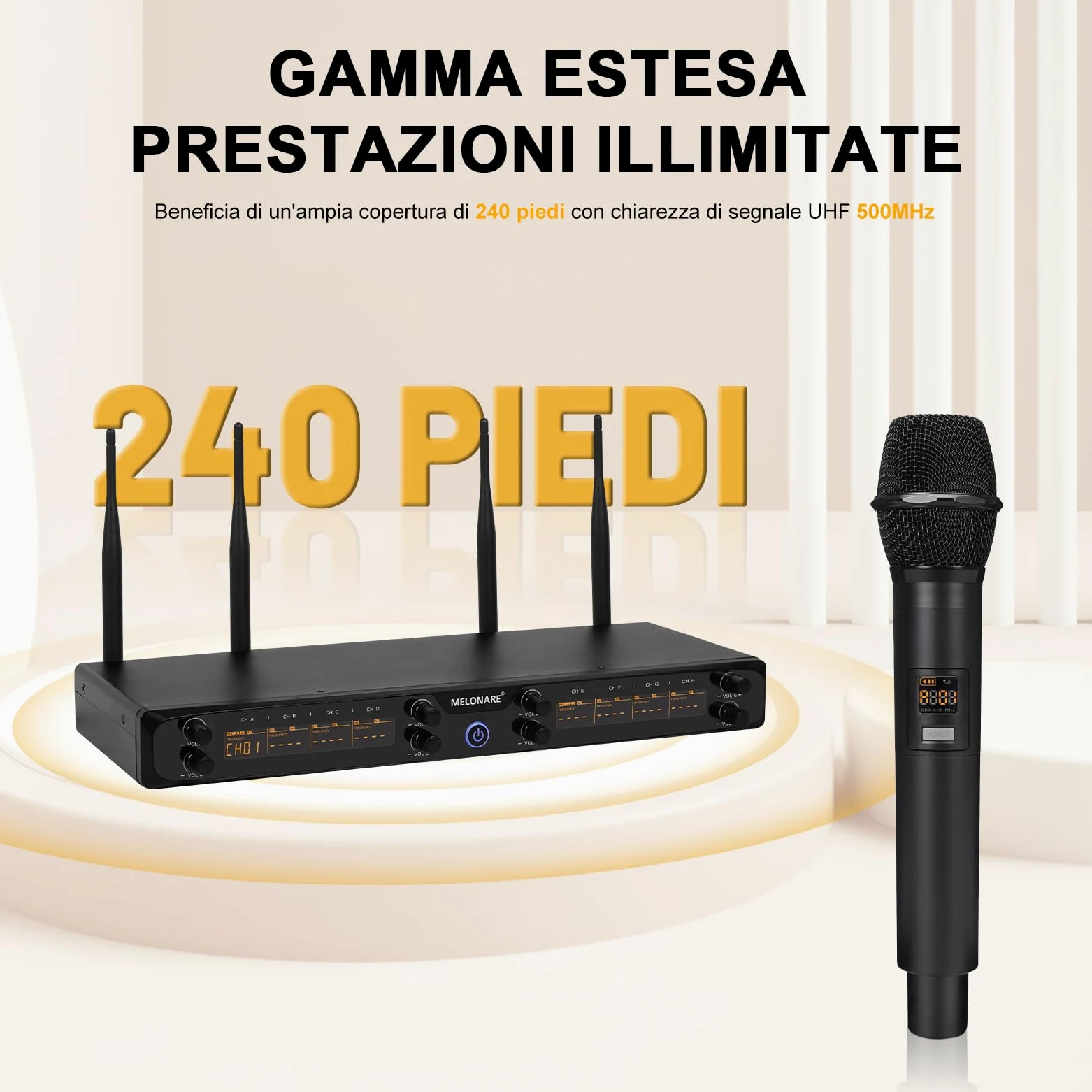 MELONARE Sistema di microfoni wireless UHF 500MHz a 8 canali MWM-81F | 8 x 5 frequenze, portata 73,2 m, microfoni dinamici a mano, canto, karaoke, chiesa, riunioni, matrimoni