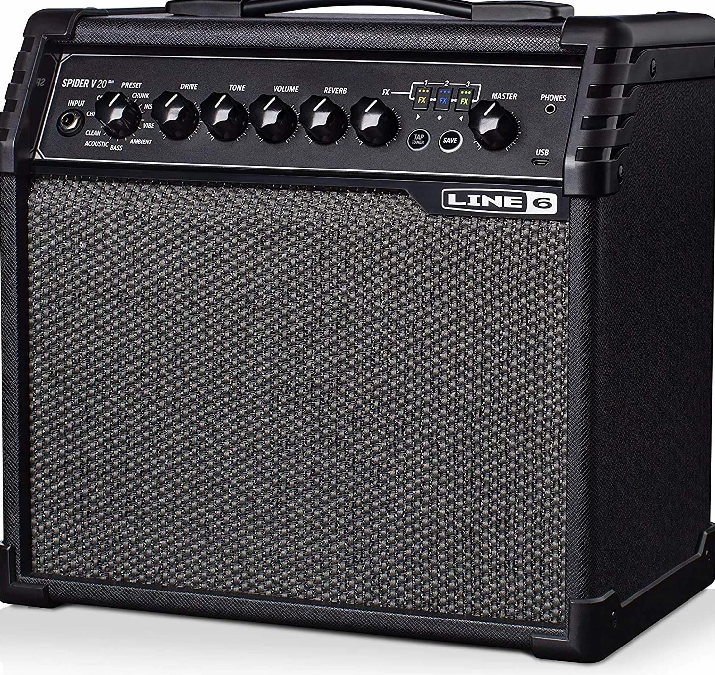 Amplificatore per chitarra Yamaha Line 6 Spider V 20 MkII in nero - Amplificatore da 20 W con altoparlante da 8 pollici, 16 toni preimpostati e 3 effetti simultanei