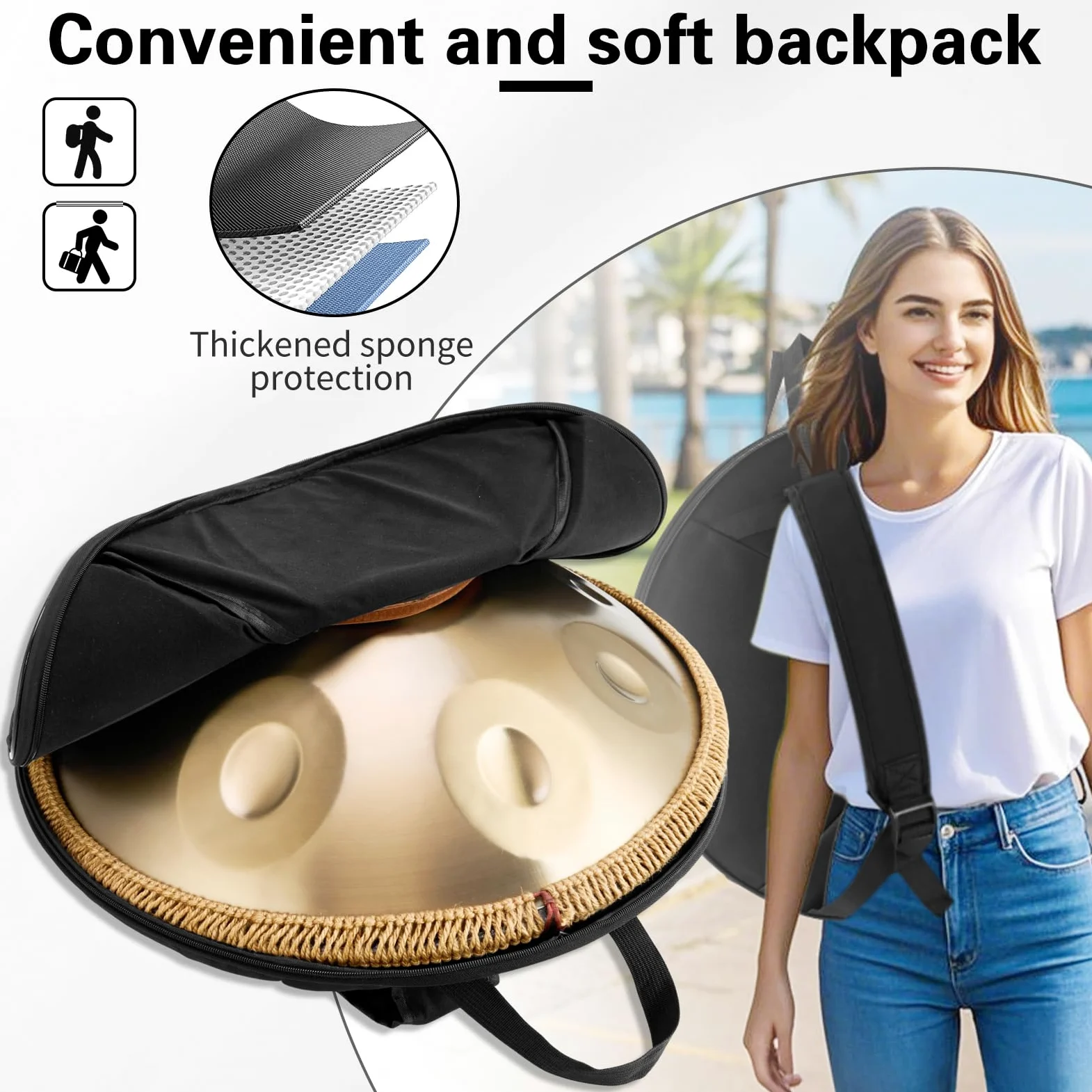 Handpan Instrument 432 Hz, 9 toni, 22 pollici, Handpan in d-Moll, tamburo per lingua con custodia, bacchetta, supporto, per principianti, professionisti, musicoterapia (oro, 9 toni 432 Hz)