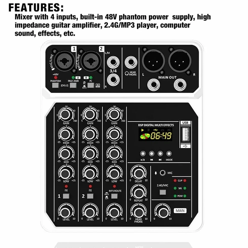 Console di mixaggio compatta a 4 canali da 48 V con microfono per prestazioni Console di mixaggio a 4 canali in miniatura con alimentazione