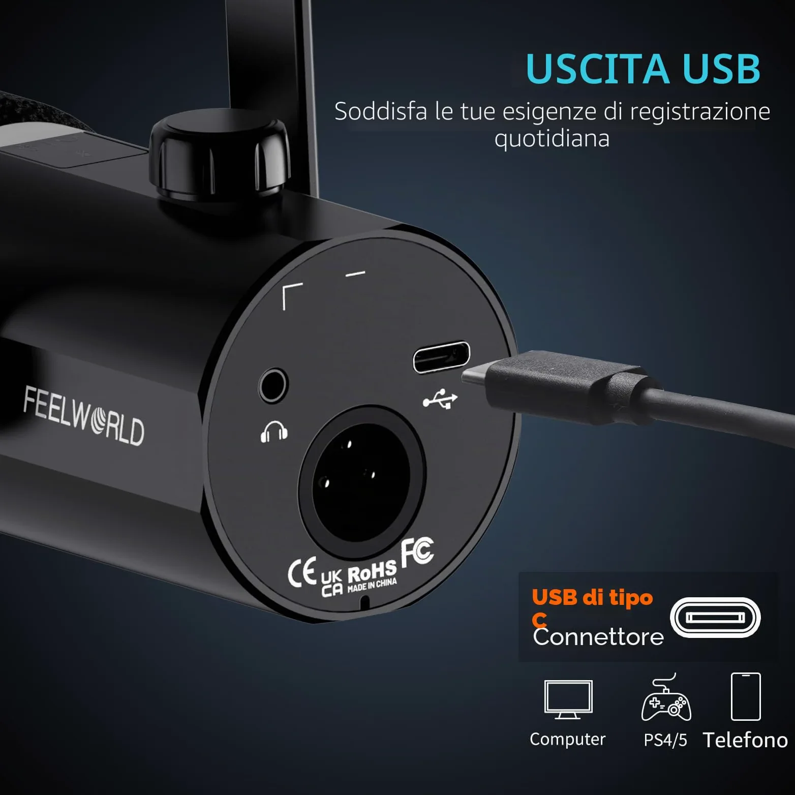 FEELWORLD PM1 - Microfono dinamico XLR USB per podcasting, gaming, live streaming, con cavo XLR e base in metallo