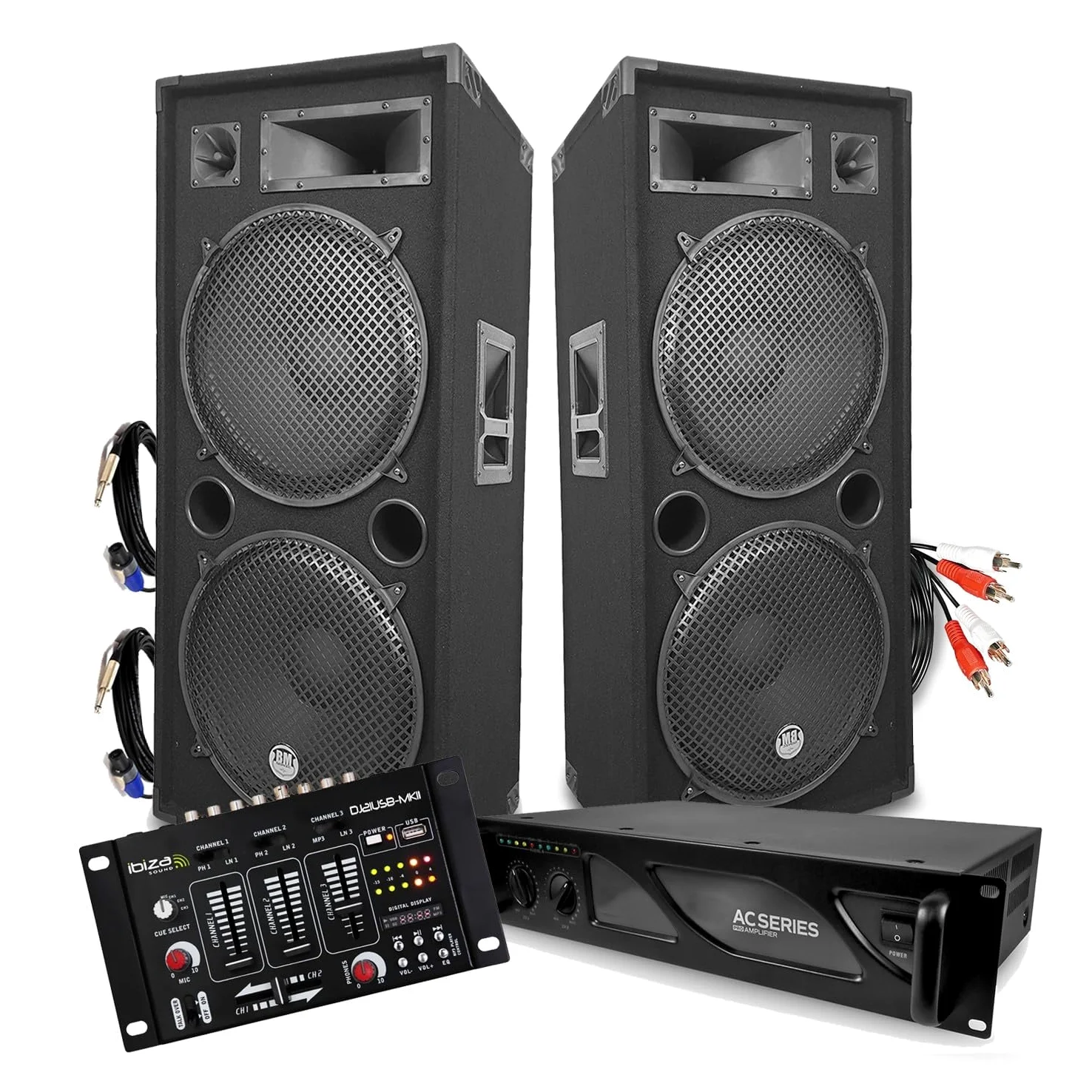 Set DJ audio BM Bmsonic PA Altoparlanti 2 x 15"/38 cm 4000 W bassreflex + amplificatore 3000 W con mixer Ibiza + cavi