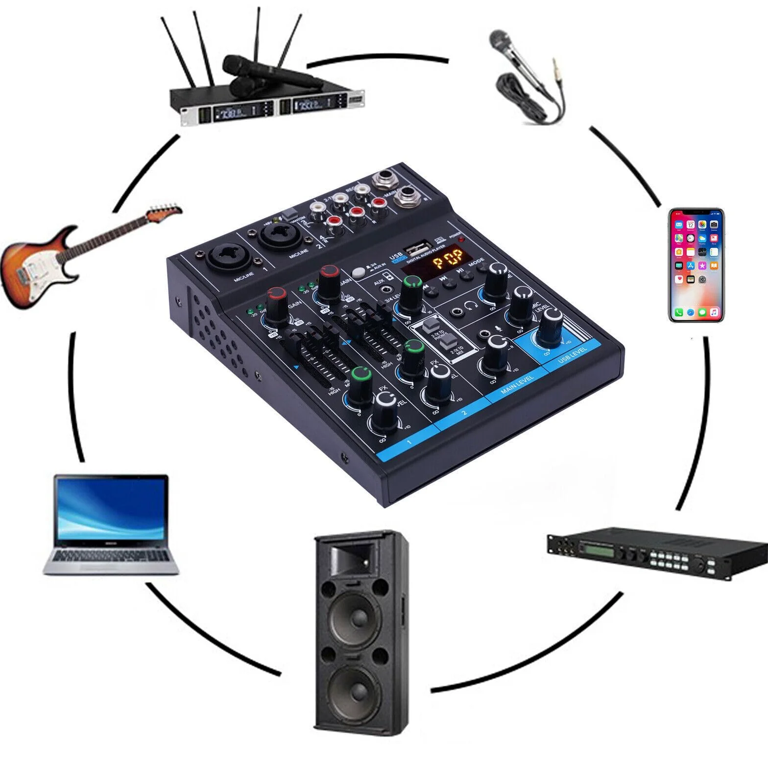 Mixer audio a 4 canali, mixer Bluetooth USB Live Studio Audio Mixer Console DJ Soundboard, mixer audio professionale per registrazioni, streaming live