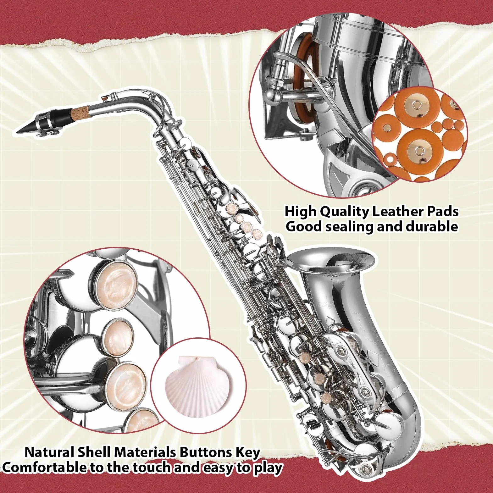 Btuty Eb Sassofono Alto Ottone E Flat Sax 802 Tipo Chiave Strumento a Vento in Legno Zeppe chiavi sax Sax Key Props per Alto con Barra di Pulizia Guanti in Tessuto Cinghia Imbottita