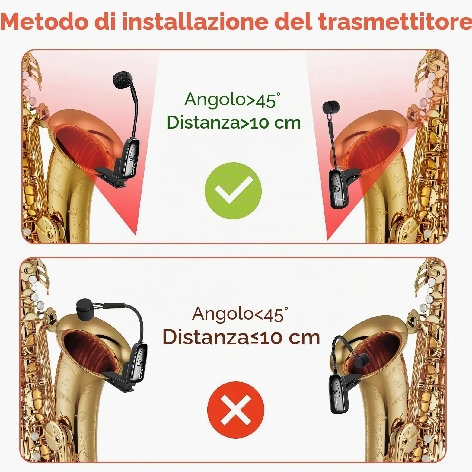 Microfono wireless per sassofono, microfono per strumenti a clip 2.4G, trasmettitore e ricevitore ricaricabile, portata 30,5 m, ideale per sassofono, tromba, tromba, trombone, cornetta, corno