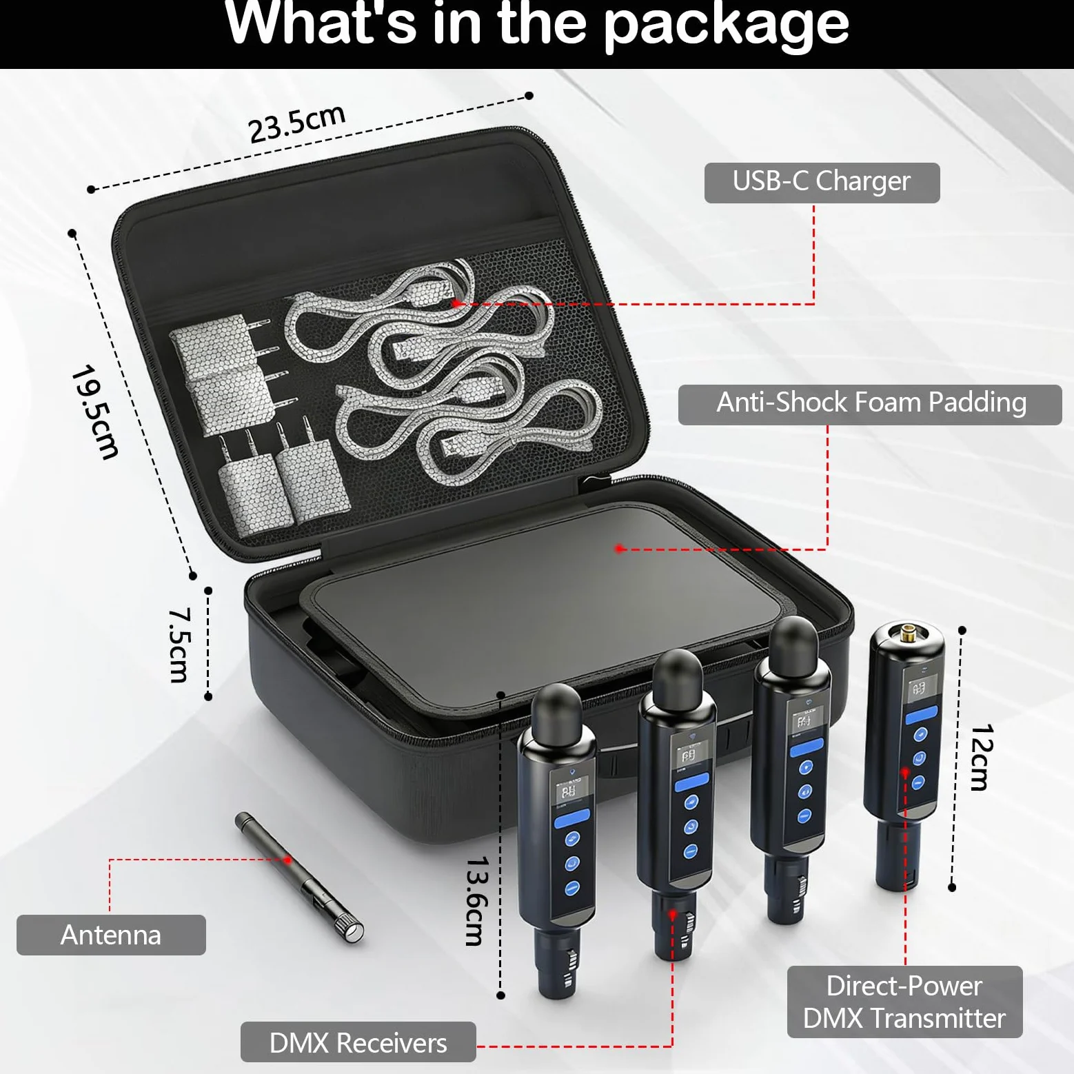 Kit controller DMX wireless TECKZOON con custodia, trasmettitore DMX512 e 3 ricevitori, autonomia fino a 20 ore, controllo touch, sistema di controllo luci DMX wireless per illuminazione scenica