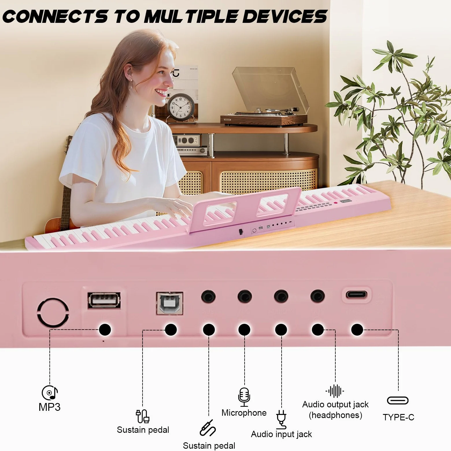 Tastiera per pianoforte a 88 tasti, pieghevole, portatile, con tasti illuminati, pedale professionale, Bluetooth, cuffie, MIDI, 200 suoni, 80 canzoni demo, modalità lezione per principianti, rosa