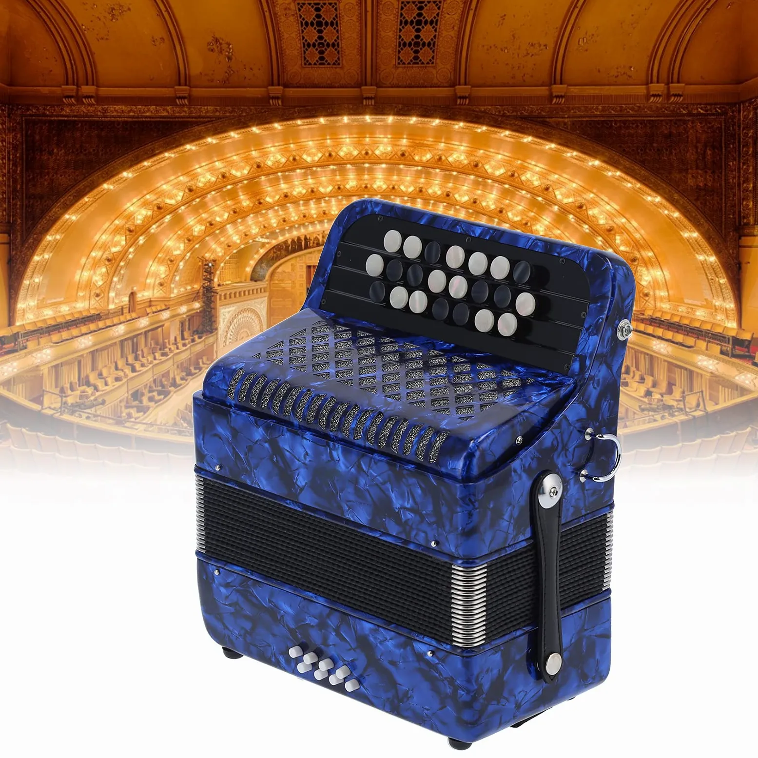 Fisarmonica Professionale a 22 Tasti e 8 Bassi, Pulsante Rotondo Antiscivolo Bianco e Nero, ABS di Alta qualità, Legno, Metallo, con Zaino per Fisarmonica, per Principianti (blu