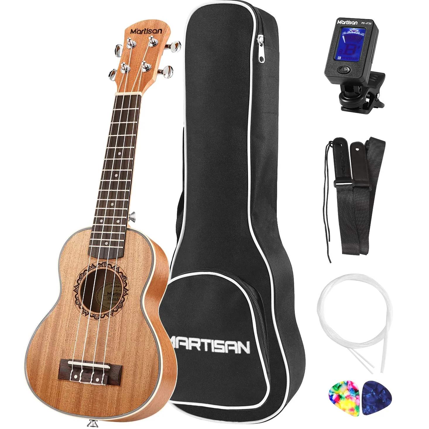 MARTISAN Ukulele Soprano con corde Aquila originali in nylon, Ukulele da 21 pollici per Principianti con Borsa, Accordatore, Corde Aggiuntive, Cinturino, Plettri