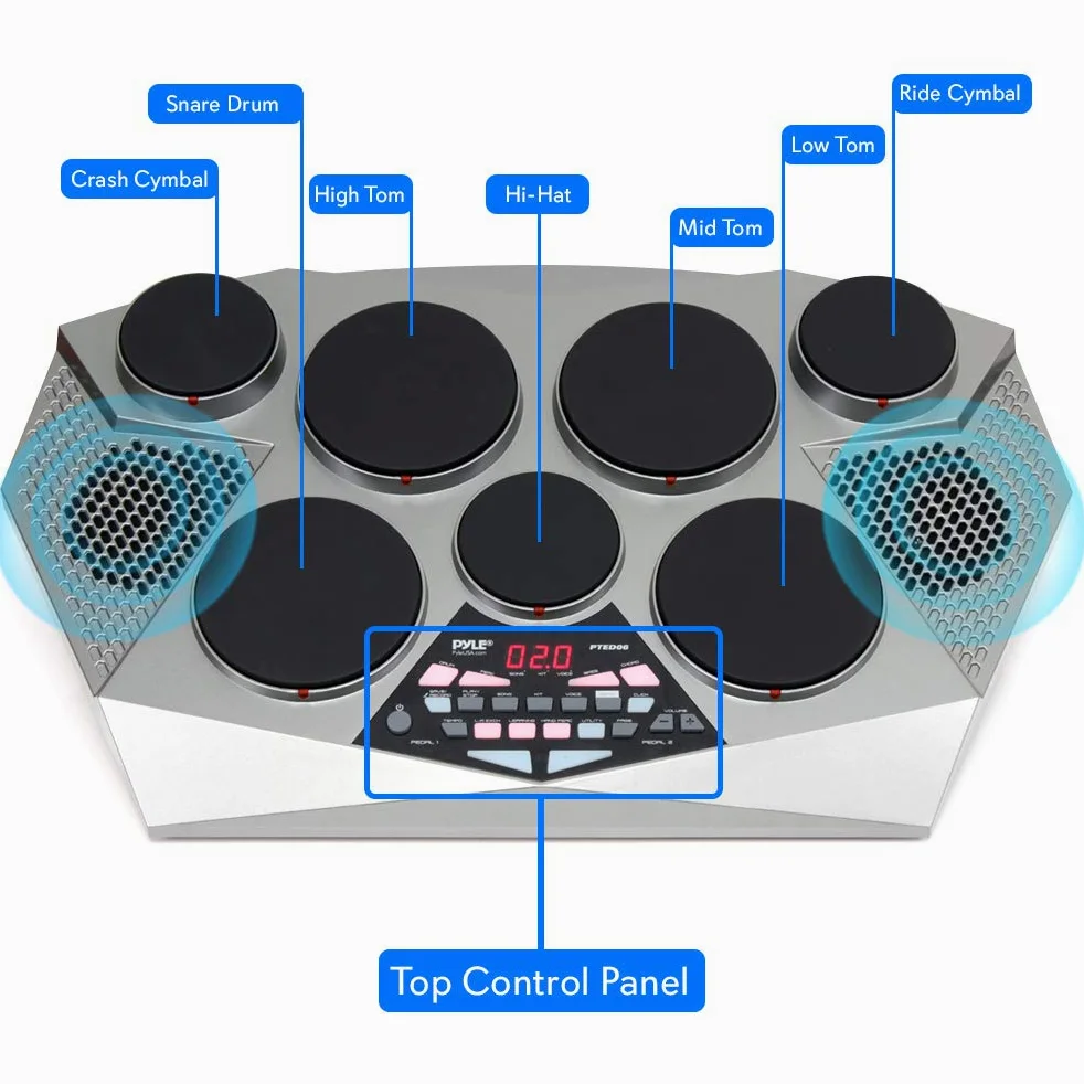 Pyle Pro Electronic Drum Kit - Batteria elettrica portatile da tavolo con pannello digitale, 7 pad per batteria, controller per pedale Hi-Hat/Kick Bass USB AUX - Tom-Toms, Hi-Hat, rullante, piatti