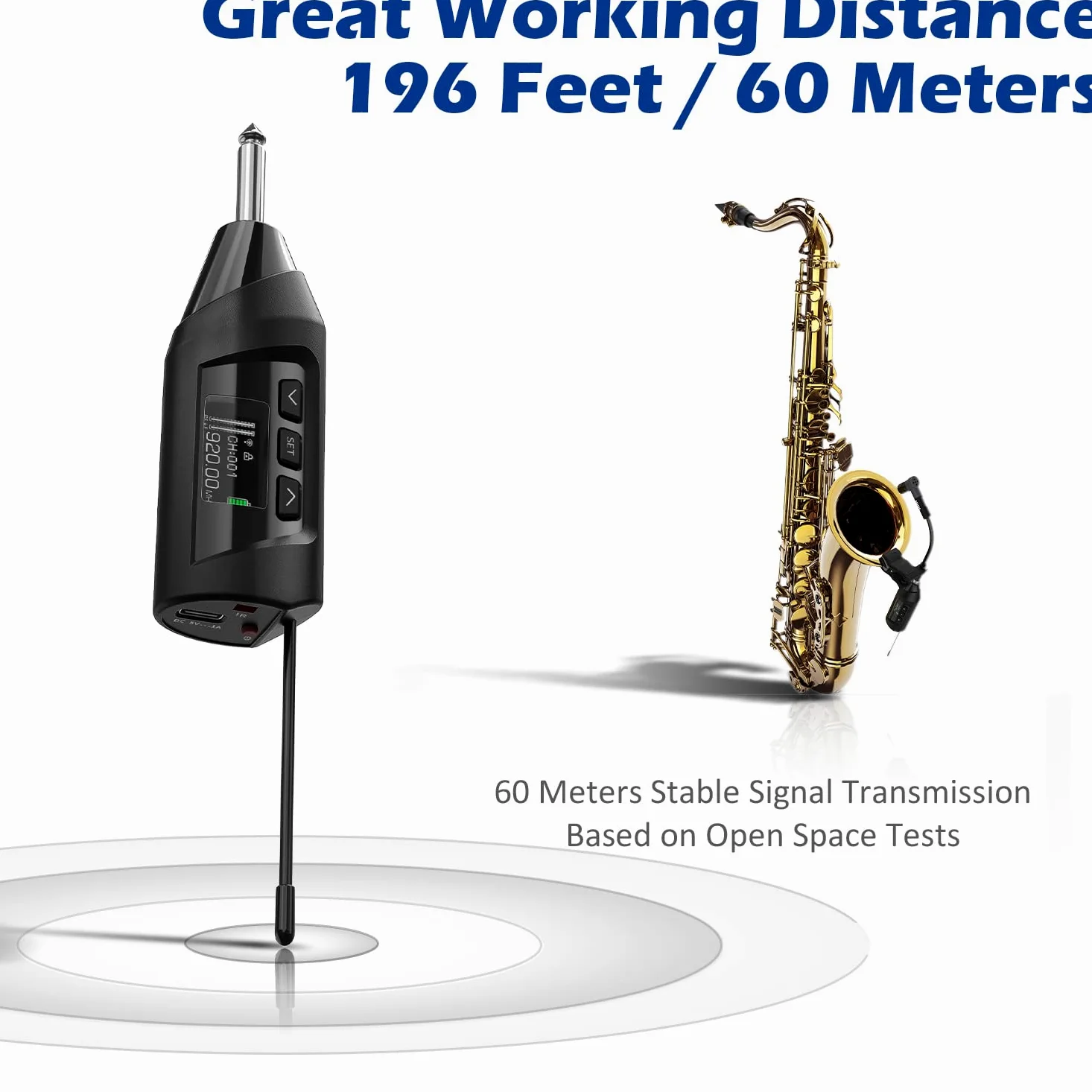 SGPRO microfoni wireless per sassofono, microfono a clip per sax e tromba, equalizzatore preimpostato e livello di eco, trasmissione da 5 m, ricaricabile, trasmettitore e ricevitore