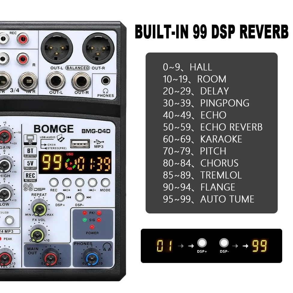 BOMGE Mixer audio professionale per DJ a 4 canali con 99 DSP interfaccia console di mixaggio karaoke da tavolo ingresso MP3 USB ingresso Bluetooth registrazione stereo alimentazione Phantom 48V