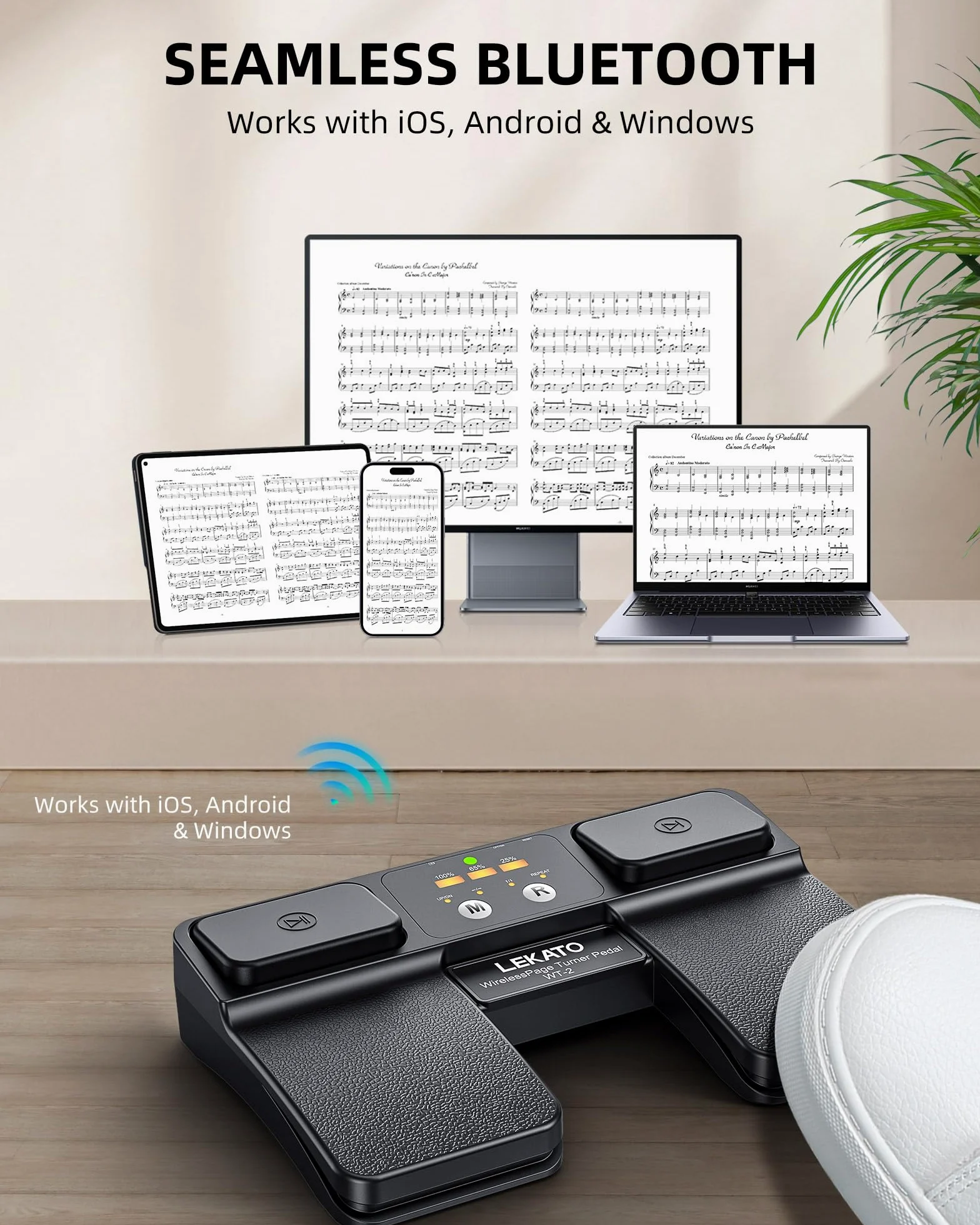 LEKATO Pedale Bluetooth Page Turner con controllo backing track e indicatore batteria, pedale wireless ricaricabile per spartiti, smartphone, tablet e lezioni musicali (WT-2)