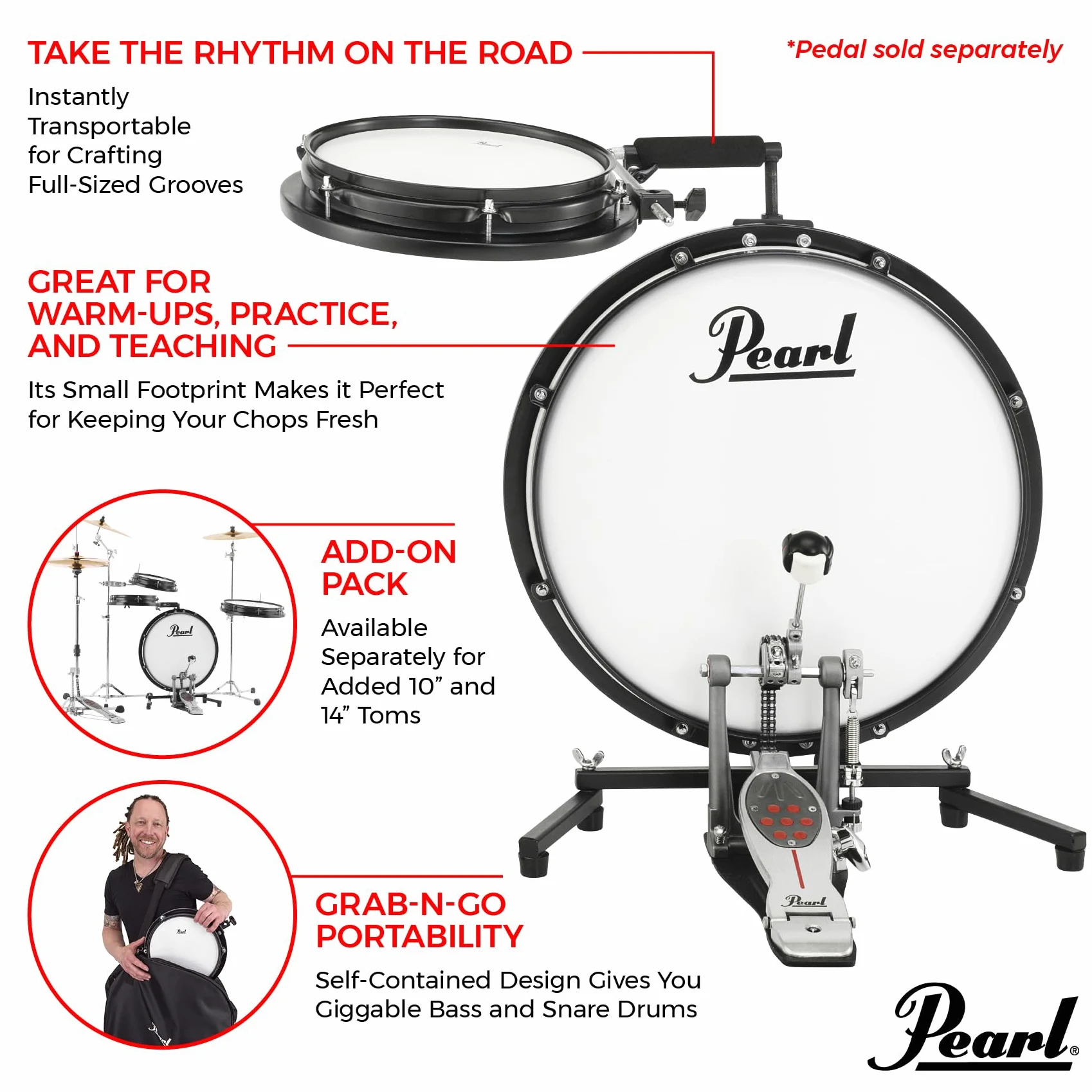 Pearl Compact Traveler - Batteria per grancassa da 45,7 cm e rullante da 25,4 cm, con custodia (piatti e hardware venduti separatamente)