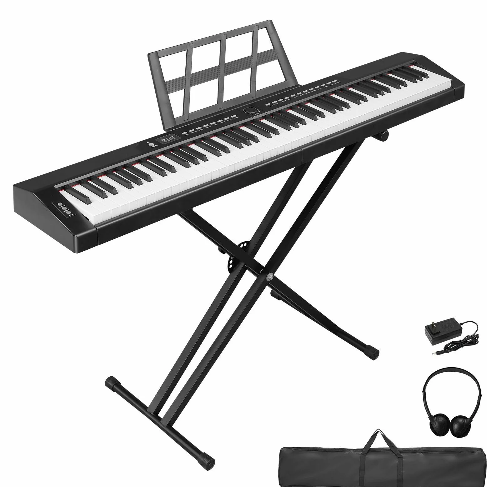 LEADZM Pianoforte Digitale Semi-Pesato a 88 Tasti, Tastiera Full Size, Tastiera Elettronica con Supporto a Forma di X a Doppio Tubo, Bluetooth MIDI, Leggio, Pedale Sustain, Cuffie (Nero, + Supporto)
