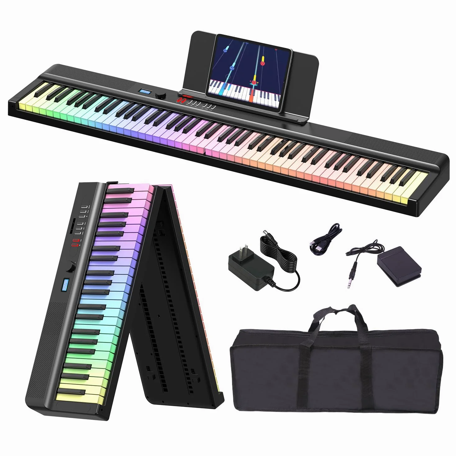 Pianoforte digitale pieghevole, 88 tasti, tastiera semiponderata con tasti luminosi colorati, Bluetooth MIDI E, tastiera portatile per principianti, adulti e bambini