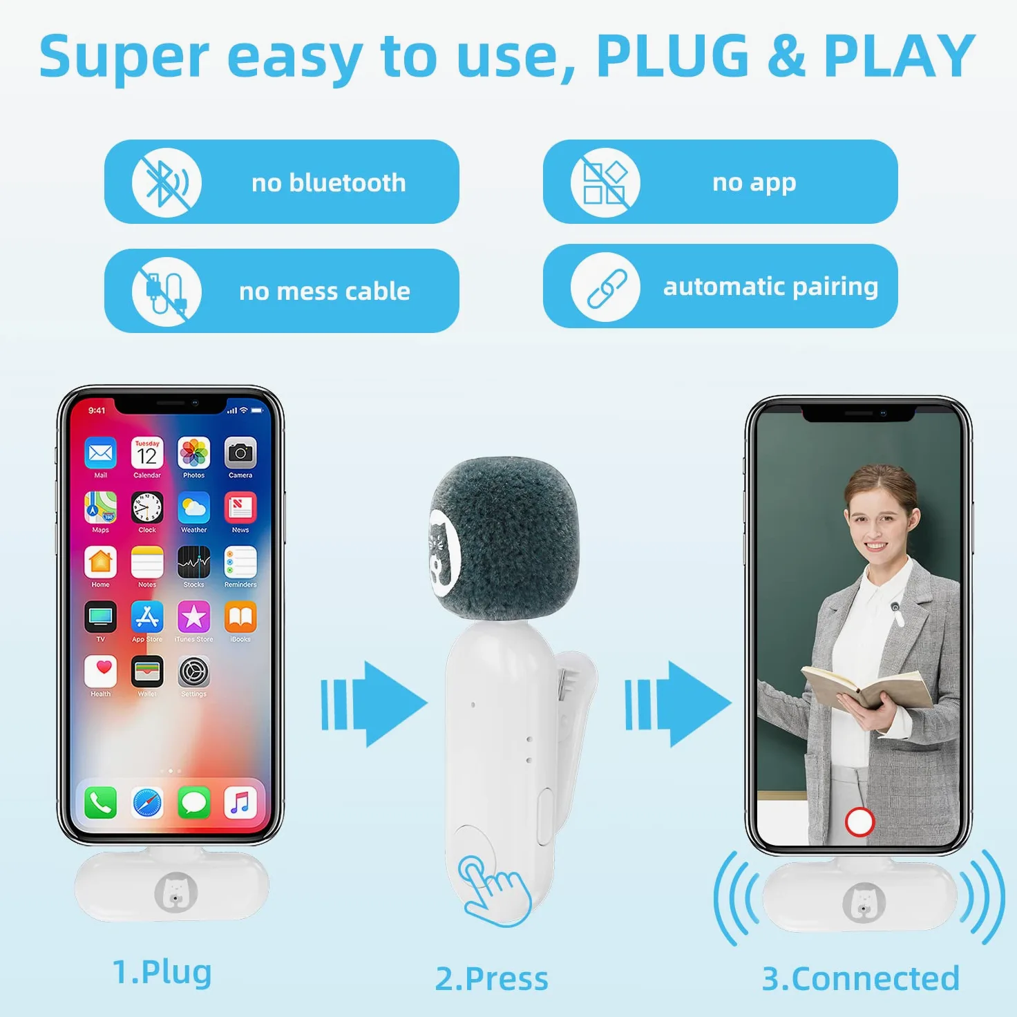Lavalier - Microfono wireless per USB C Android, Plug & Play, microfono per Live Streaming YouTube, conferenze, automatico, con cuffie (1 to 1)