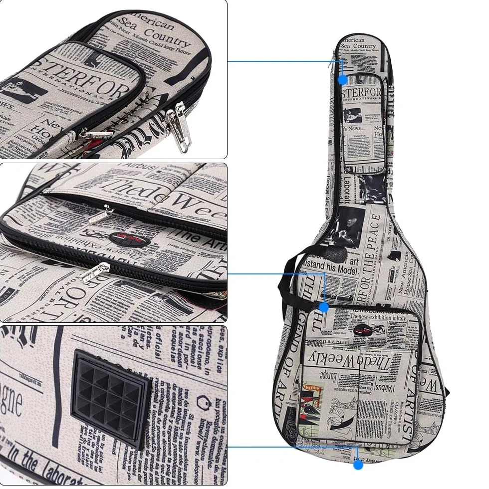 Btuty Custodia per chitarra da 104 cm, in tessuto Oxford 600D impermeabile, stile giornale, doppia cucitura, con cinghie imbottite, custodia per chitarra acustica classica folk da 104 cm, bianco e