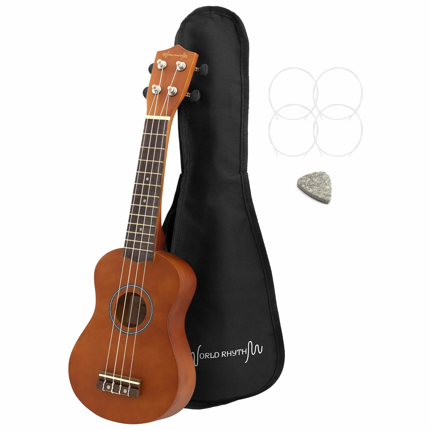 Ukulele Soprano per Principianti, Finitura Naturale, Con Custodia, Corde Di Ricambio per Ukulele e Plettro In Feltro, Marrone (Natural)