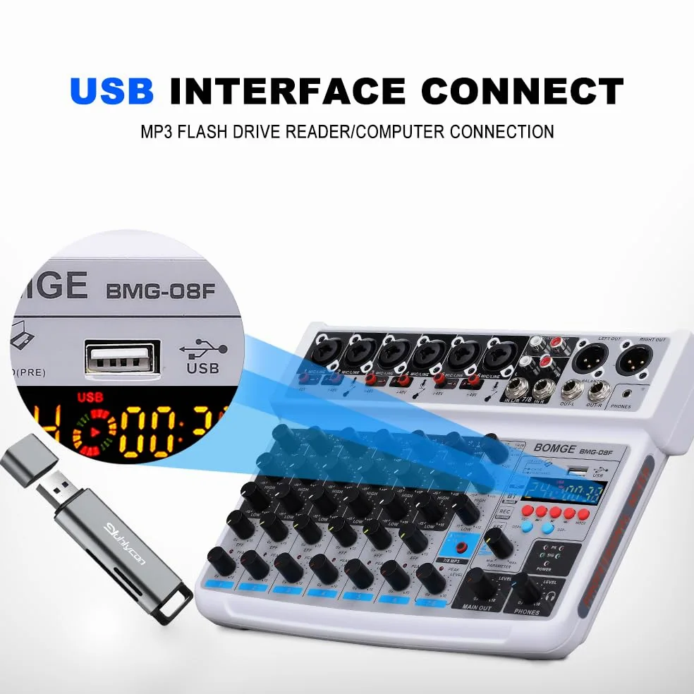 BOMGE 8 channel mini audio mixer Line Mixer ，DC 5V，with MP3 Player,Bluetooth, U disk 48V,24DSP effects, USB recording Ideal for Small Clubs or Bars, Studio Recording (8 channels-WHITE)
