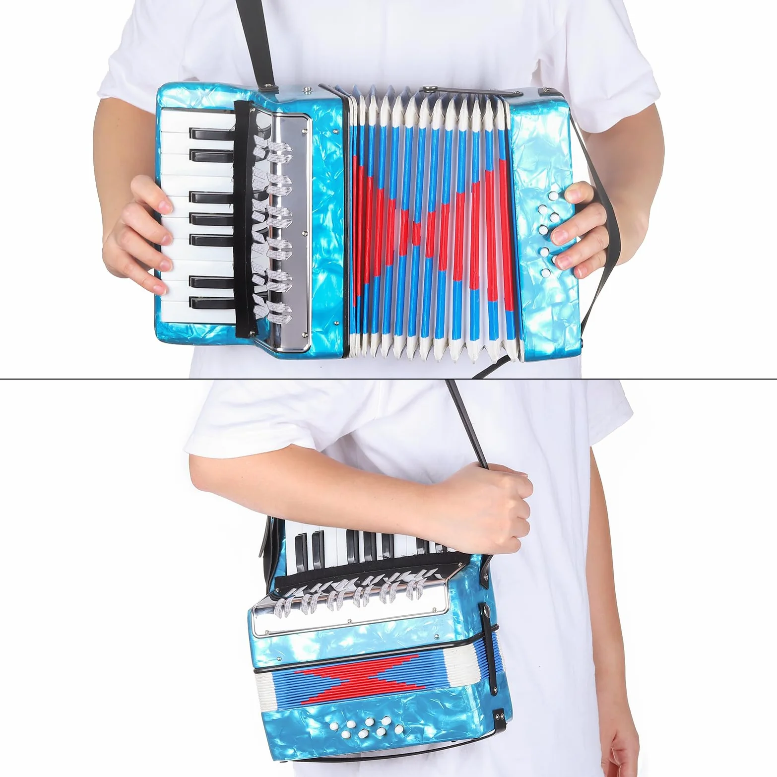QUARKZMAN Accordion, 17 tasti, 8 bottoni, fisarmonica, giocattolo mini strumento musicale, leggero, per adulti, principianti, istruzione, rosso