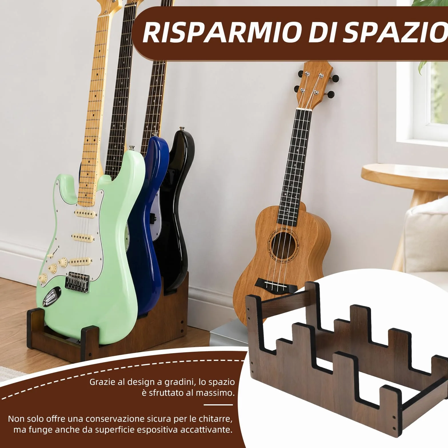 Supporto per chitarra in legno per 2 chitarre elettriche + 1 acustica | Legno massello, livelli scalati, ampia rientranza per chitarra acustica, imbottitura, antiscivolo, risparmio spazio