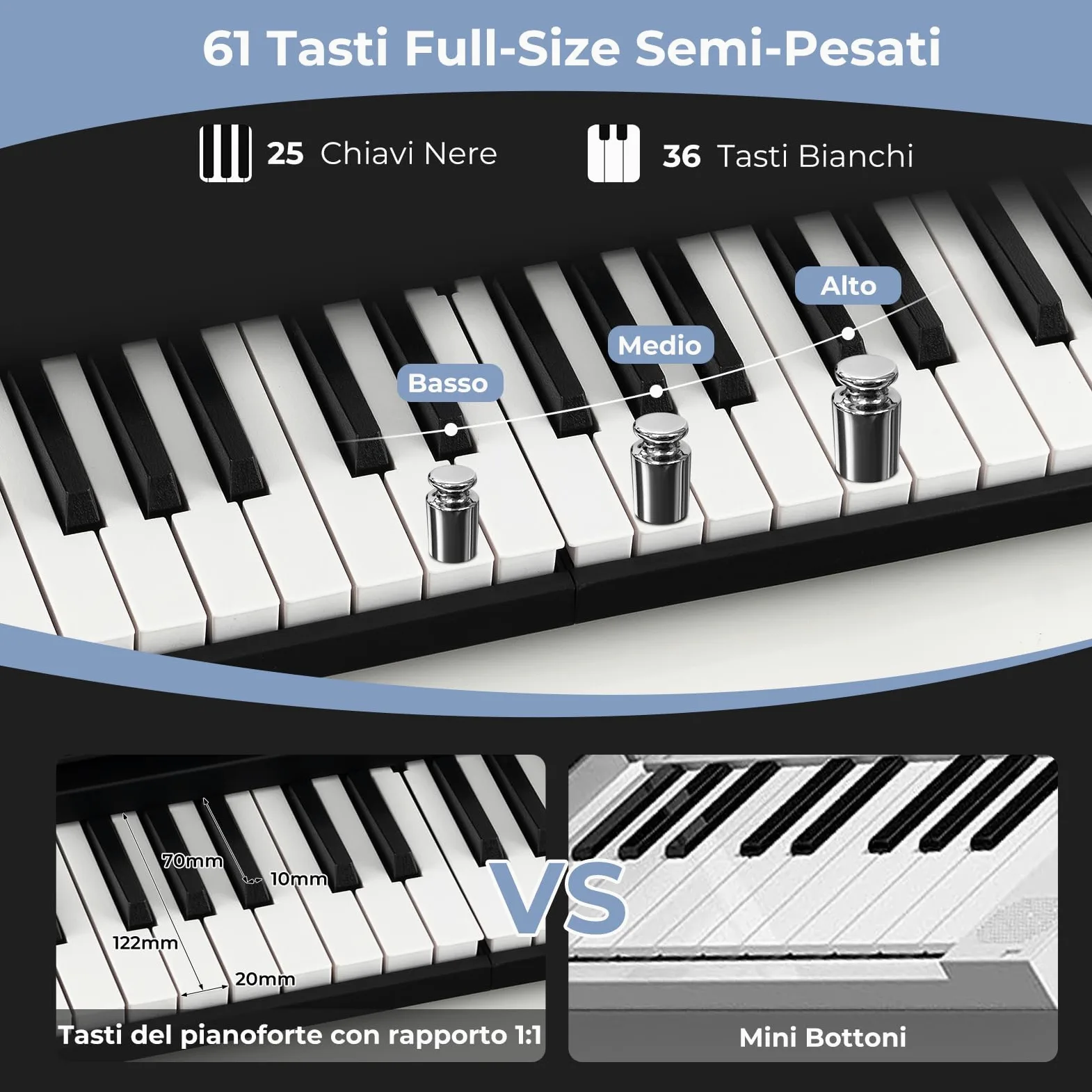 RELAX4LIFE Tastiera Pianoforte Digitale 61 Tasti, Pieghevole Portatile con Custodia, Bluetooth MIDI/Audio, Tasti Sensibili, Batteria 1750mAh, per Principianti Bambini Adulti
