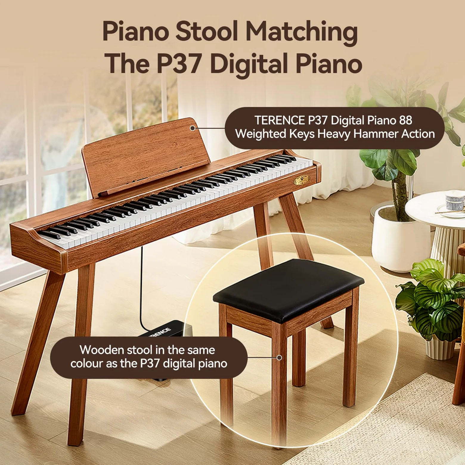 TERENCE Sgabello Pianoforte Pianoforte Panca Struttura in legno massello di alta qualità Capacità di carico superiore Cuscino sedile comodo e pratico Versatile per uso professionale e domestico
