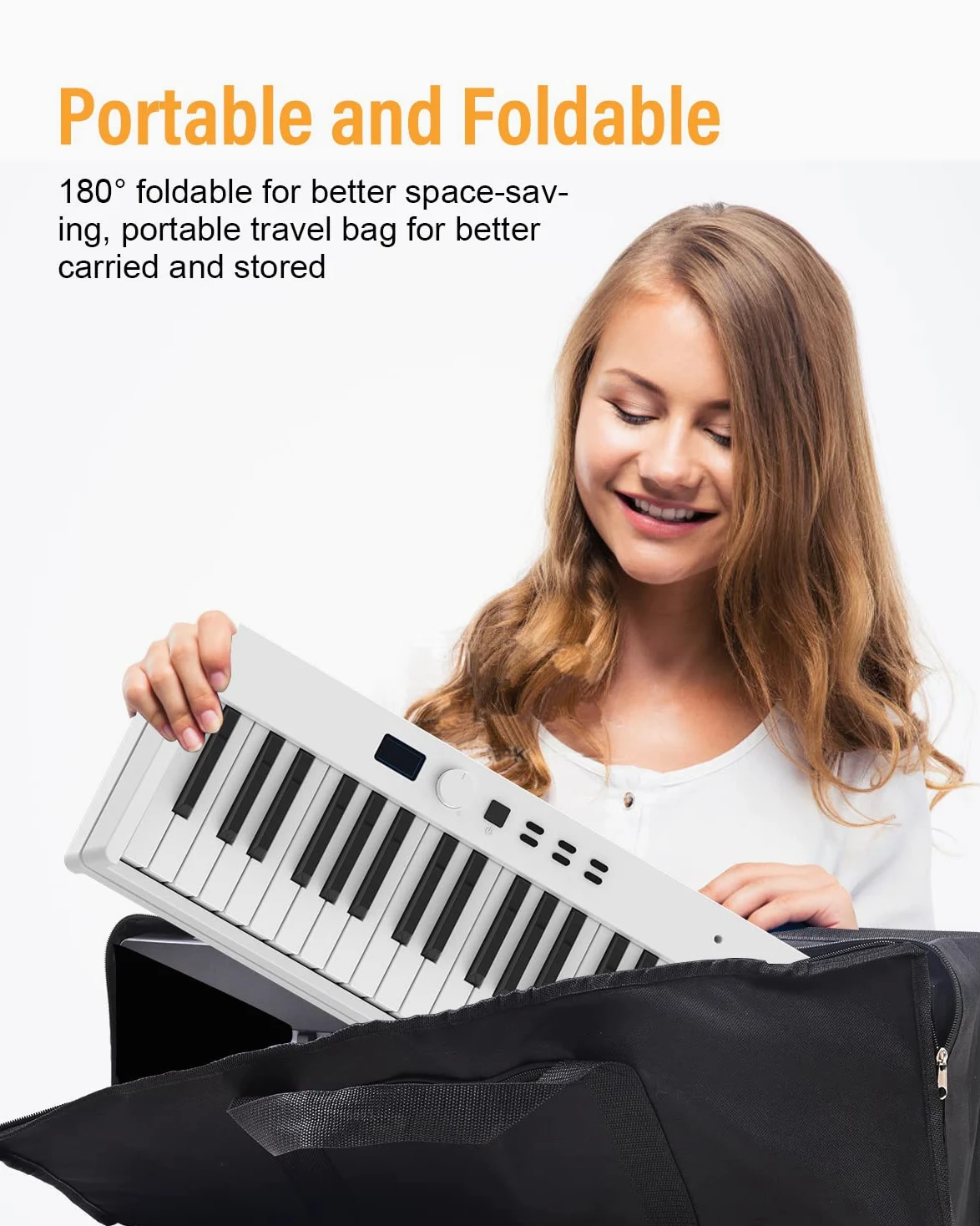 Piano con 88 tasti, pianoforte pieghevole con schermo LCD e tasti semi-ponderati, supporto MIDI Bluetooth, tastiera digitale con tasca per pianoforte, regalo di compleanno (bianco)