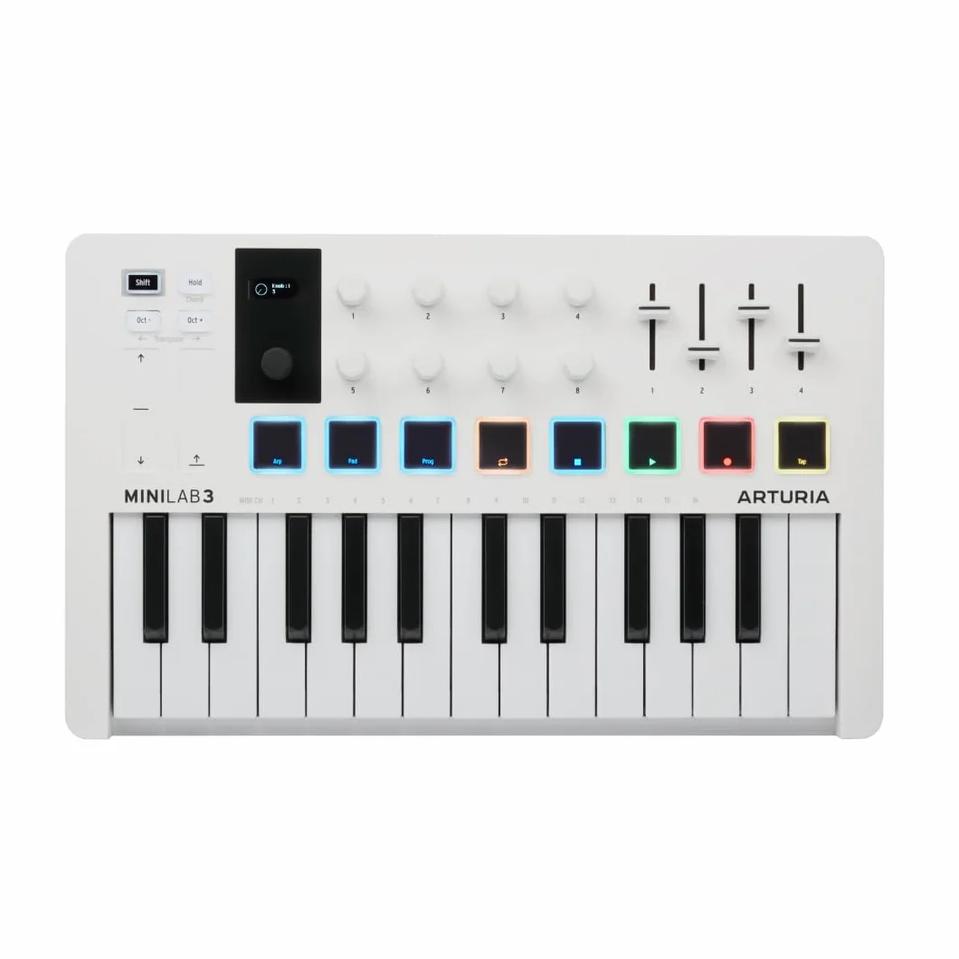 Arturia MiniLab 3, 25 controller MIDI Slim-Key USB-C, 8 pad LED retroilluminati, 8 manopole, 4 fader, uscita Midi, arpeggiatore integrato, modalità accordi e pacchetto software di produzione musicale