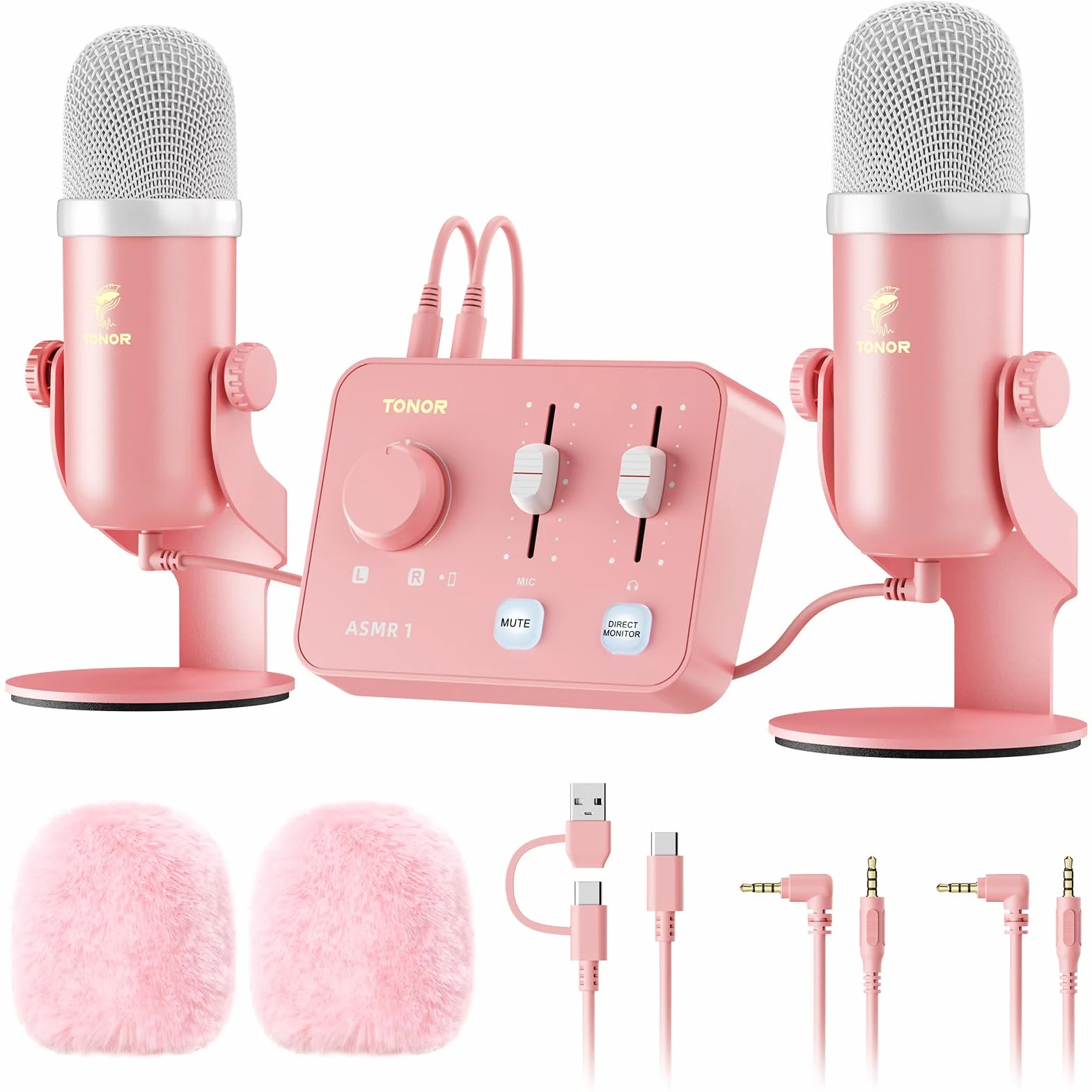 TONOR Microfono ASMR Equipment Bundle, Microfono a Doppio Condensatore con Interfaccia Audio, Audio 3D Immersivo, Suono Nitido, Controllo del Volume, Set per ASMR, Podcast, Registrazione, Rosa