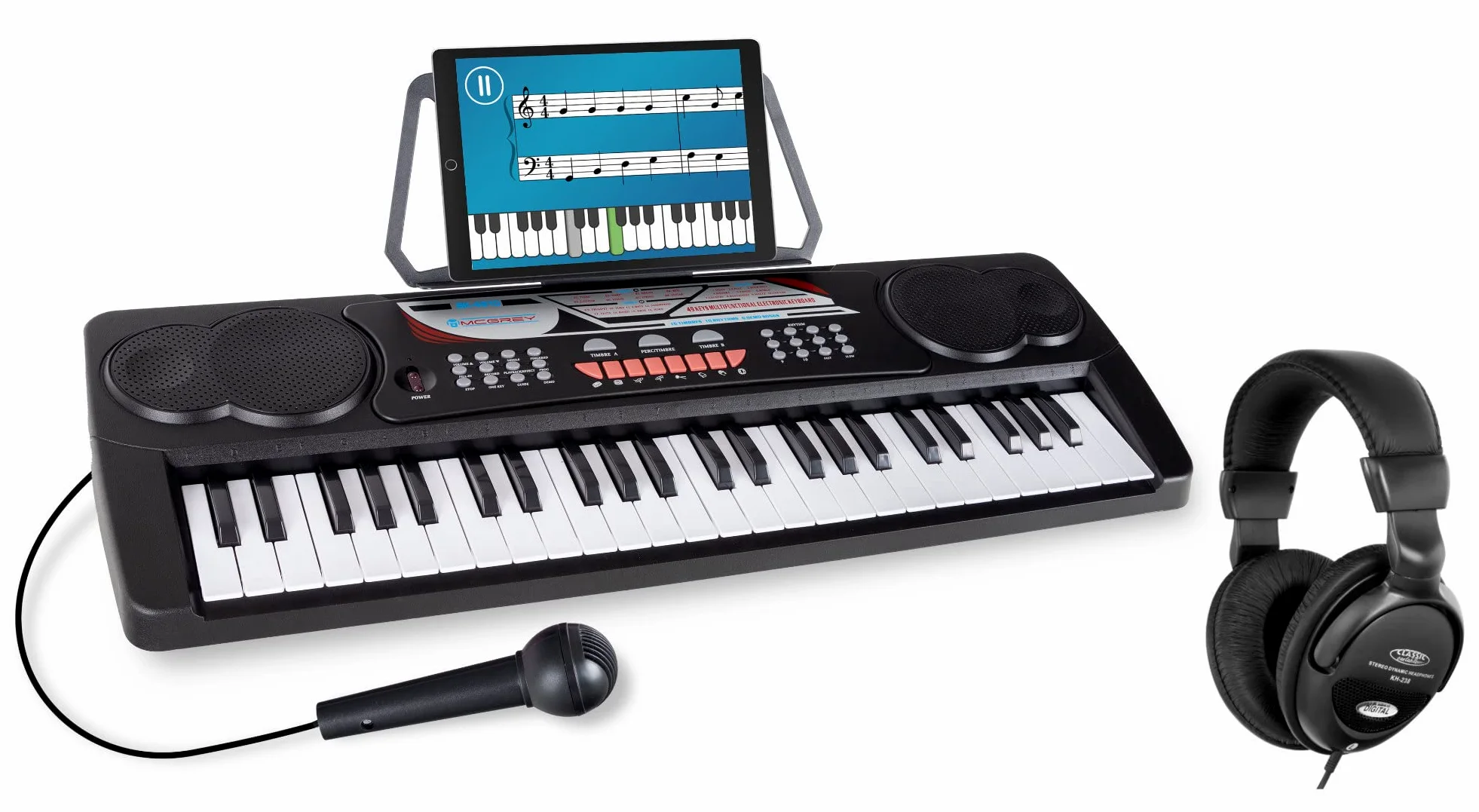 McGrey BK-4910BK Set Keyboard per principianti - 49 tasti, 16 suoni, 10 ritmi, 8 suoni percussivi e 6 demo - incl. microfono, leggio e cuffie - nero