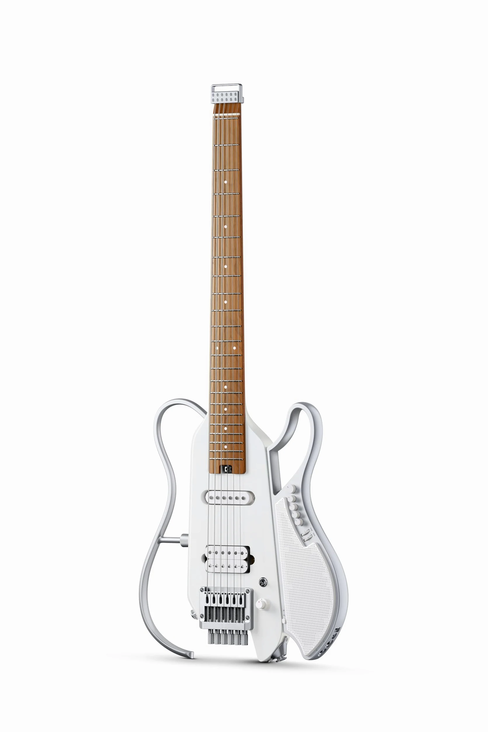 DONNER HUSH X LIVE Chitarra Elettrica con Altoparlante Rimovibile, Chitarra da Viaggio Headless con Modellazione Amp ed Effetti Integrati, Kit per lo Studio con Bluetooth e Gig Bag, Bianco