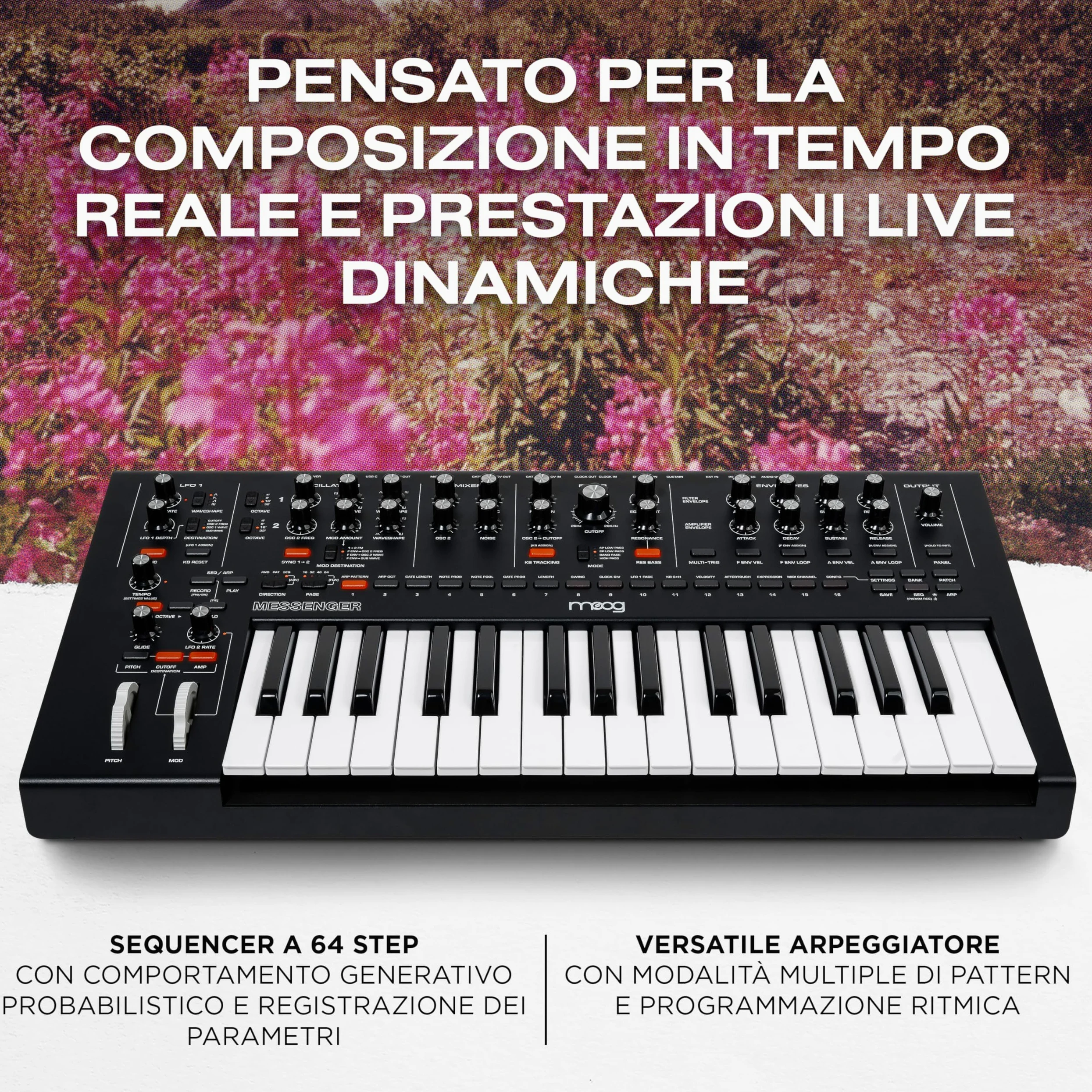 MOOG Messenger - Synth-Tastiera Analogico Monofonico di Nuova Generazione con 32 Note, Sequencer a 64 Step, 256 Preset e Compensazione RES BASS