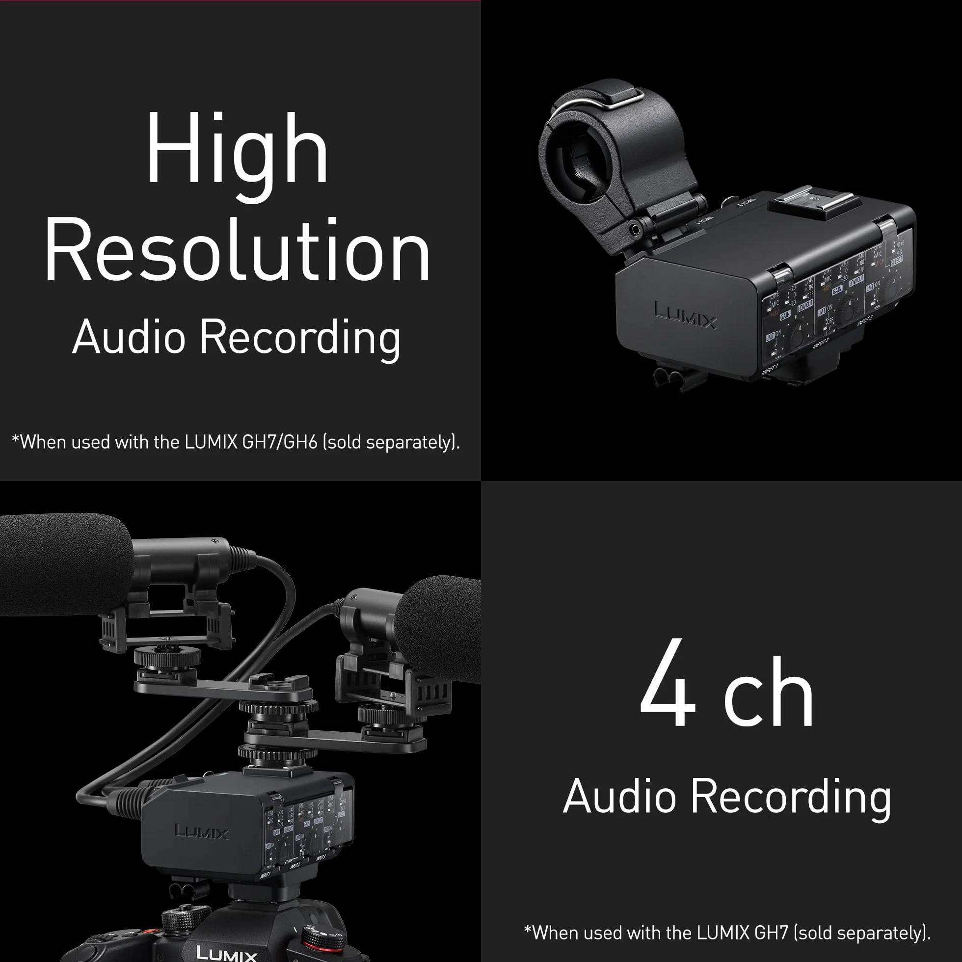 Panasonic Lumix DMW-XLR2 Adattatore Microfonico XLR Lumix DC-GH7, Registrazione Float a 32 bit, Audio a 4 Canali e ad Alta Risoluzione, Supporto Microfono, Mini Jack Stereo 3,5 mm. Nero