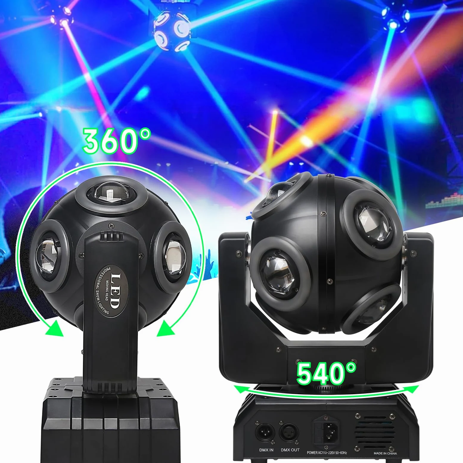 Lampada a testa mobile, sfera con effetto fascio LED RGBW 4 in 1, luci DJ con suono attivato per matrimoni, feste con DJ e live house