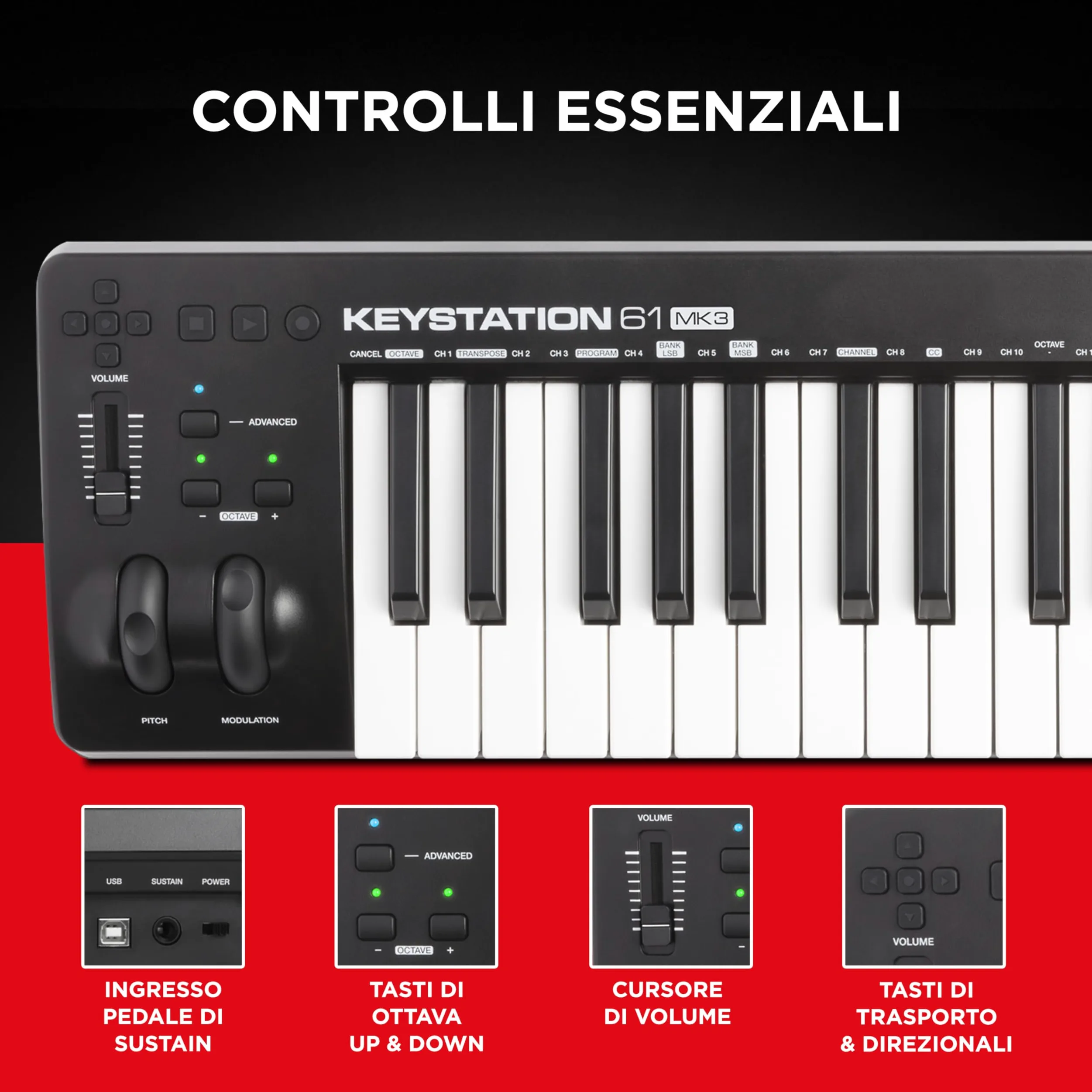 M-AUDIO Keystation 61 MK3 - Tastiera MIDI Controller USB a 61 Tasti, Controlli Assegnabili, Plug-and-Play (Mac/PC) + Pacchetto Software