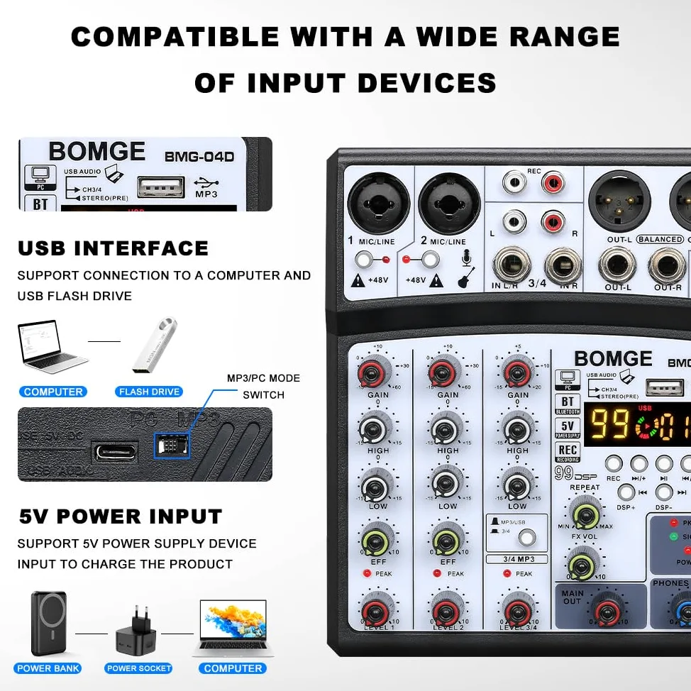 BOMGE Mixer audio professionale per DJ a 4 canali con 99 DSP interfaccia console di mixaggio karaoke da tavolo ingresso MP3 USB ingresso Bluetooth registrazione stereo alimentazione Phantom 48V