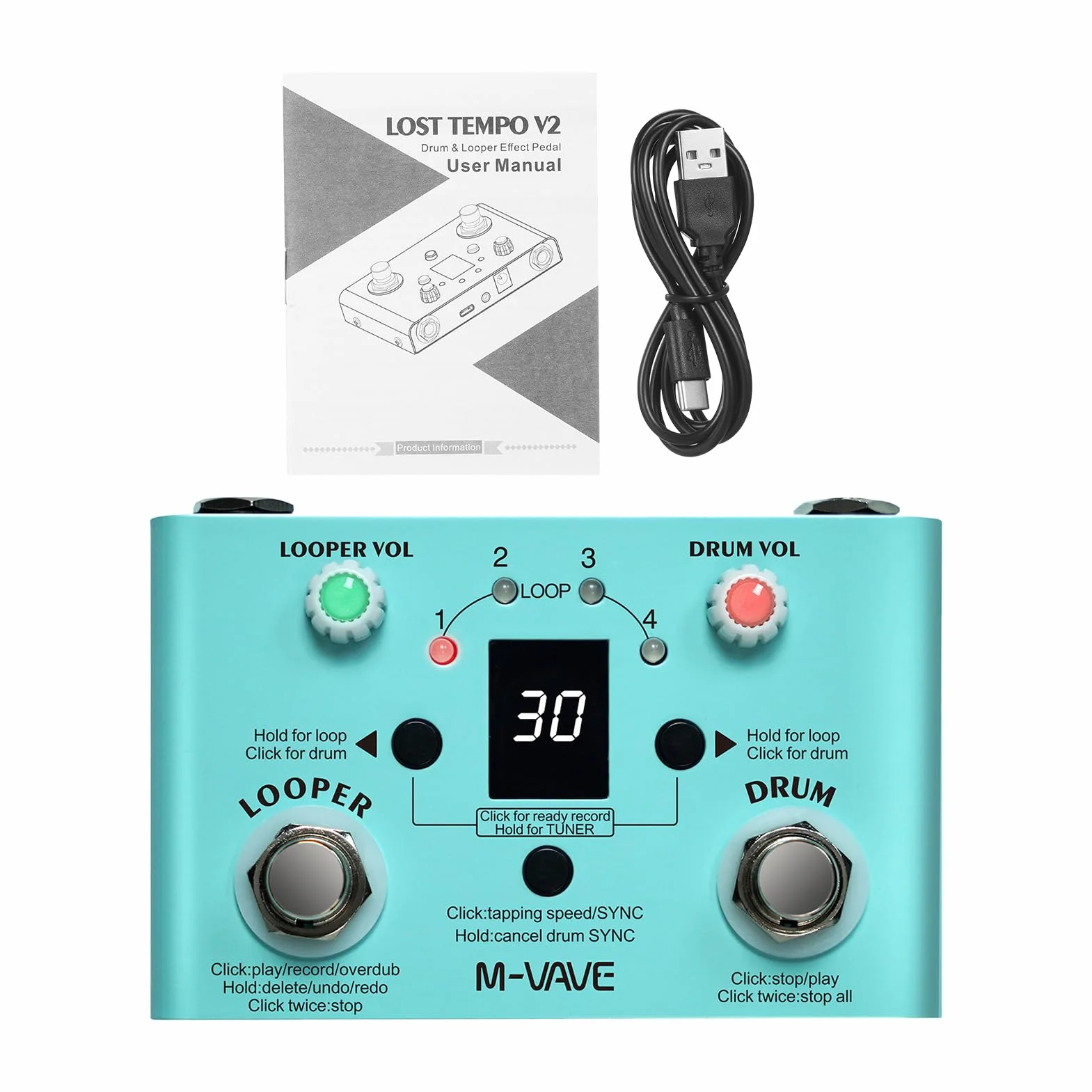 LOST TEMPO Pedale Effetti Drum & Looper 2-in-1 Mini Effector - Doppio Pedale per Chitarra con 30 Tamburi e 4 Loop - Sintonizzatore ad Alta Precisione