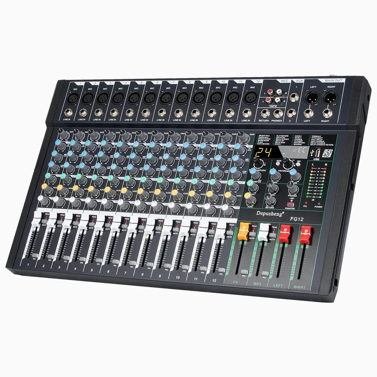 Depusheng FG12 - Mixer audio professionale a 12 canali per la registrazione del computer, interfaccia controller audio, mixer da studio 24 DSP integrato con alimentazione phantom da 48 V,Bluetooth