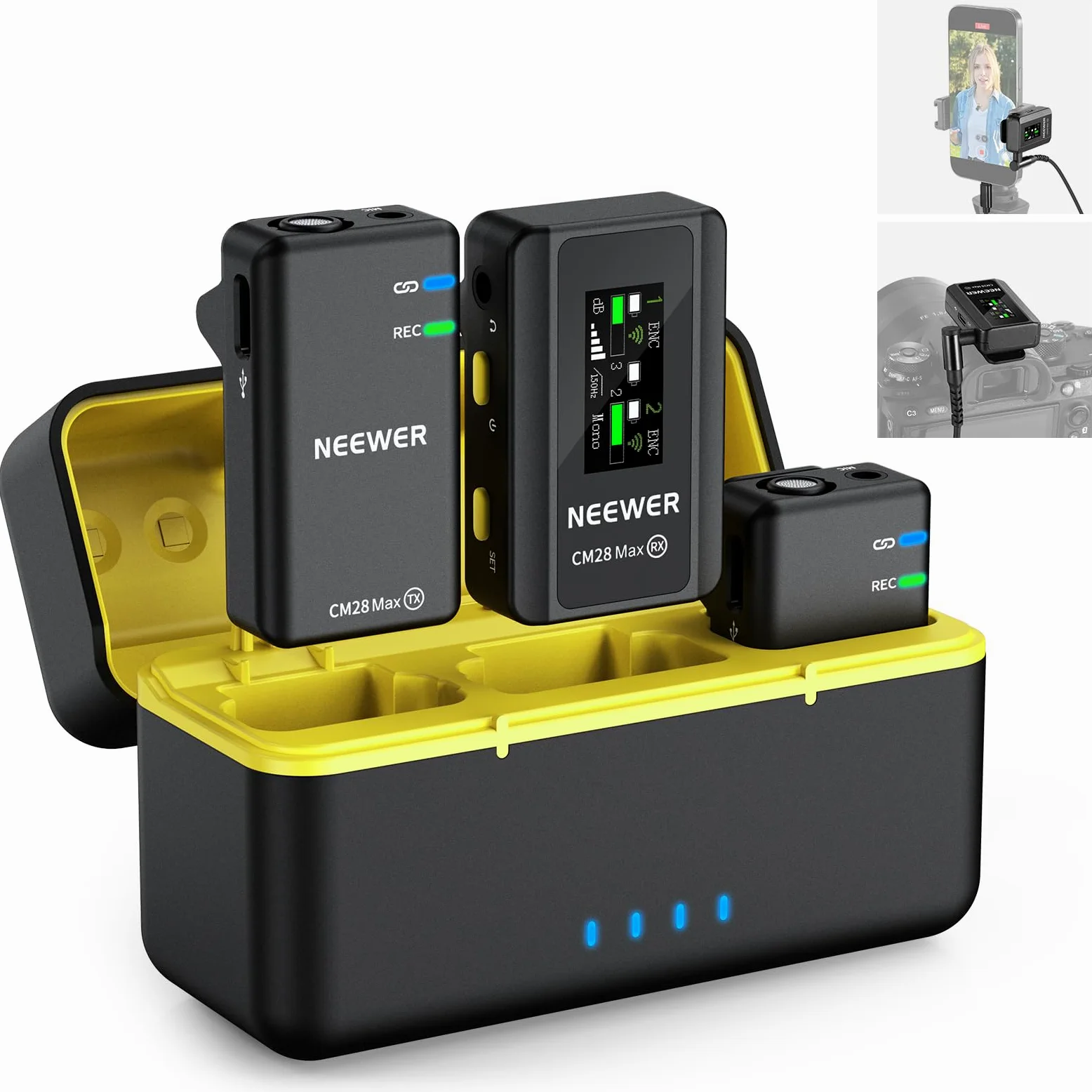 NEEWER CM28 Max Microfono Lavalier Wireless a Bavero con Custodia di Ricarica, Non Compresso 48KHz 24Bit 8GB, 25H di Registrazione Video, Anti Rumore, Mini Mic per iPhone iPad Android Fotocamera PC