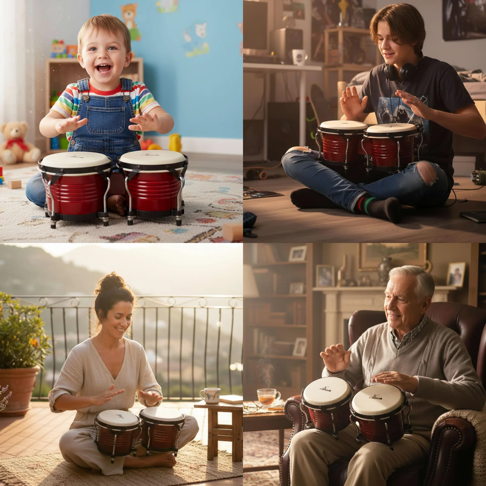 XDrum Bongos Pro Rosso Vino - 2 Tamburi con diametro 6,5" (17 cm) e 7,5" (20 cm) - Bonghi con pelli naturali accordabili, chiave di accordatura e supporto - Tamburi in legno rossi