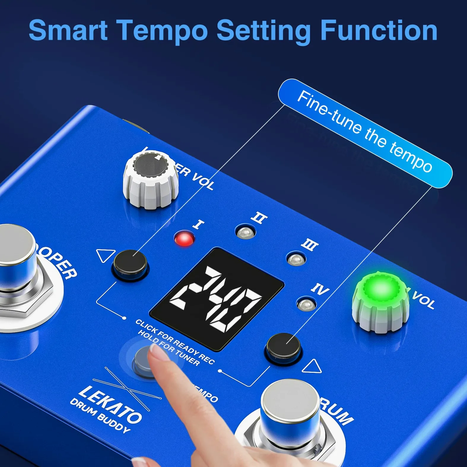 LEKATO Drum Looper Pedal con Tuner, 4 Loops 11 Minutes Loop Pedal con Drum Machine 30 Drums con App per personalizzare modificare e salvare il groove di batteria per chitarra elettrica e basso