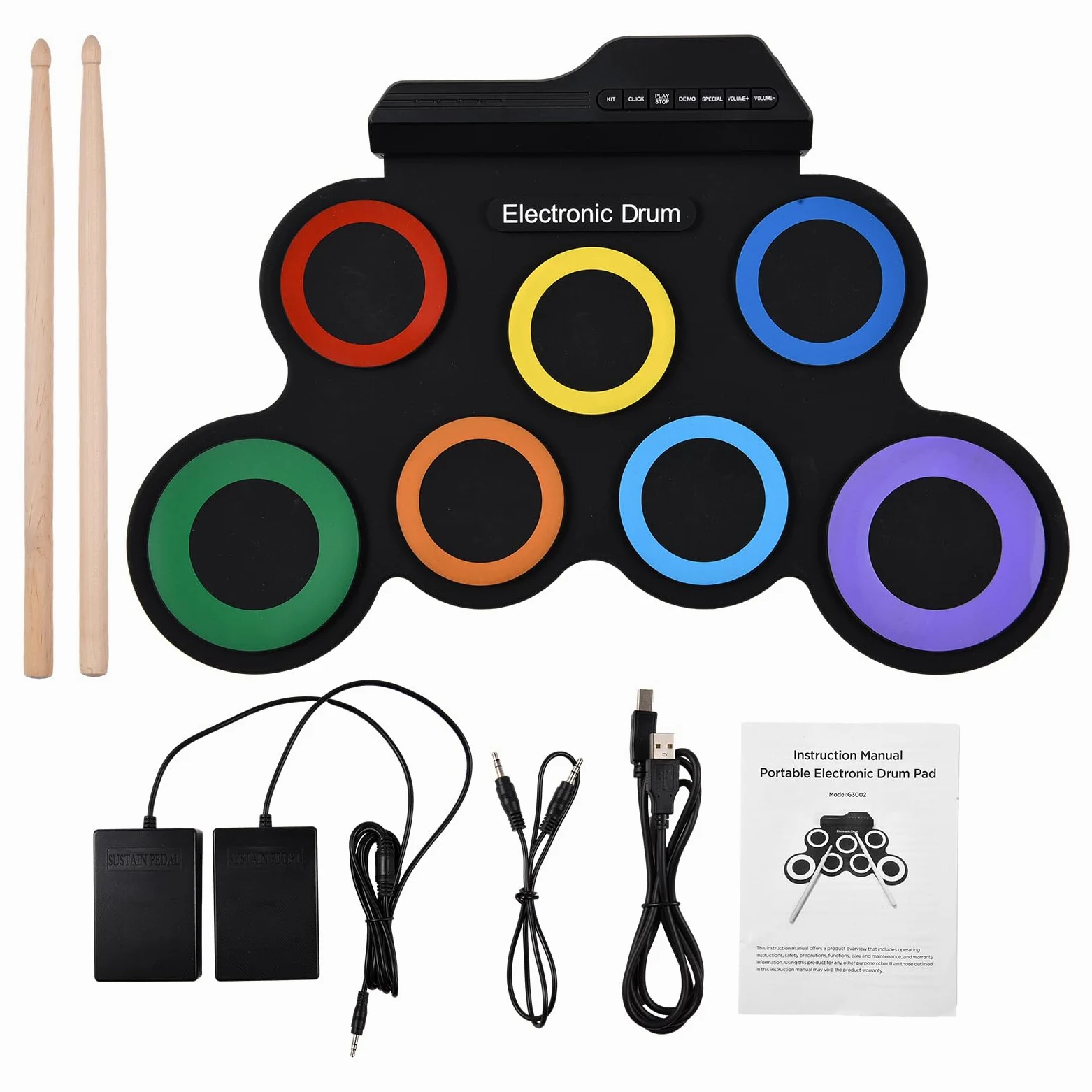 Set di batteria elettrica Kit di pad per batteria portatile 7 pad con jack per cuffie Pedali Bacchette Regalo di compleanno per le vacanze Strumenti musicali Pad per esercitazione Kit di batter