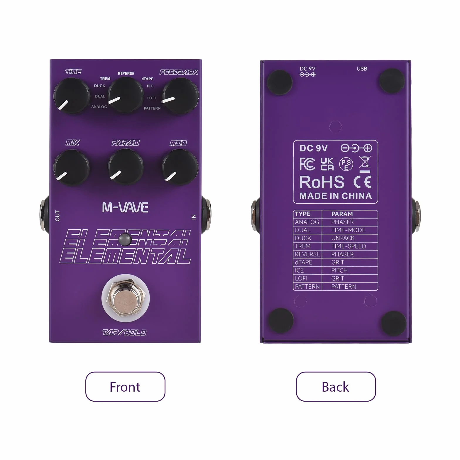 ELEMENTAL - Pedale Effetto Delay per Chitarra, 9 Effetti, Controlli Time/Tipo/Feedback/MIX/PARAM/MOD, Pulsante DC 9V, Interfaccia Ingresso/Uscita 6,35 mm per E-G