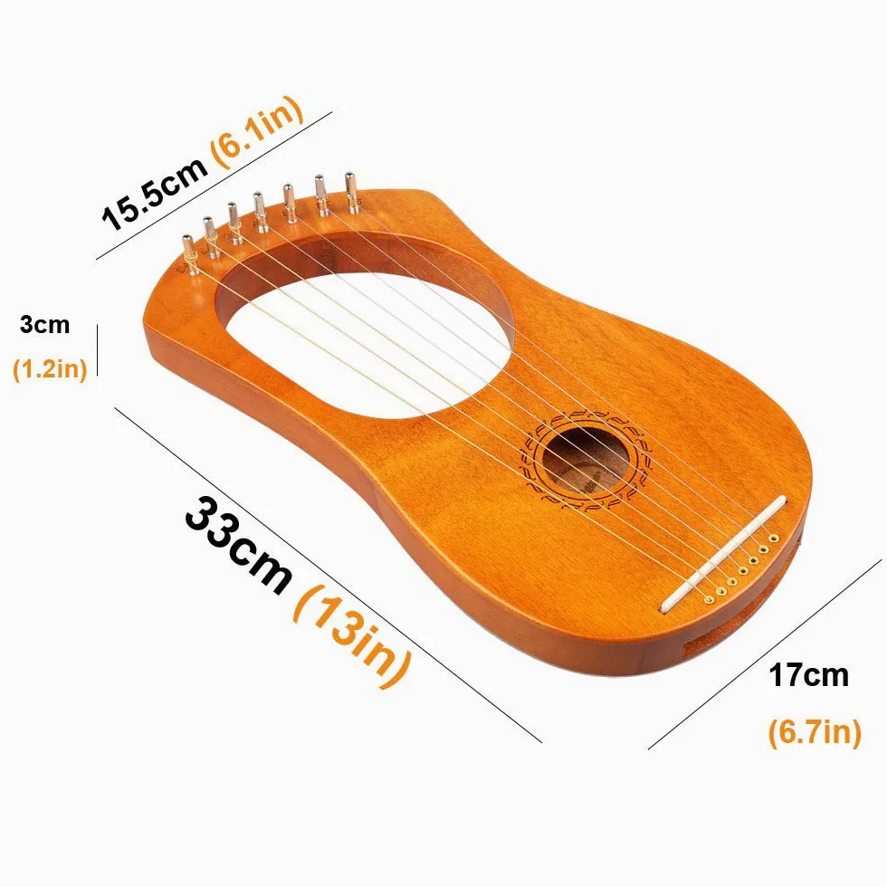 Mr.Power Arpa a lira in metallo con accessori (7 corde, legno naturale) | 7 corde in metallo, chiave per accordatura inclusa, set di corde extra incluso, custodia inclusa, stile antica Grecia