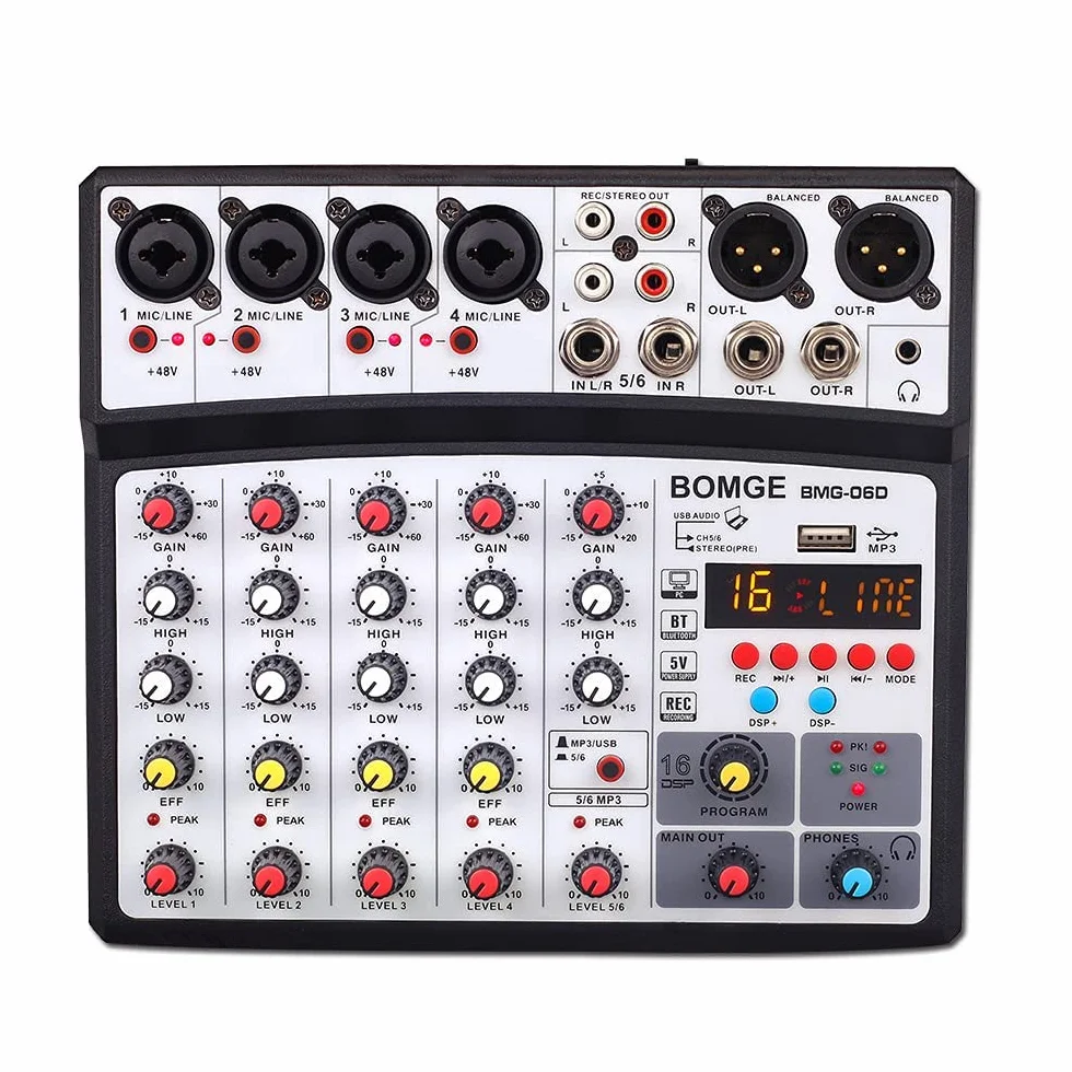 BOMGE Professionale 6 Canali 99DSP DJ Audio Sound Mixer Interfaccia Console di Mixaggio Desktop Karaoke con Ingresso MP3, USB, Ingresso Bluetooth, Registrazione Stereo, Alimentazione Phantom 48V