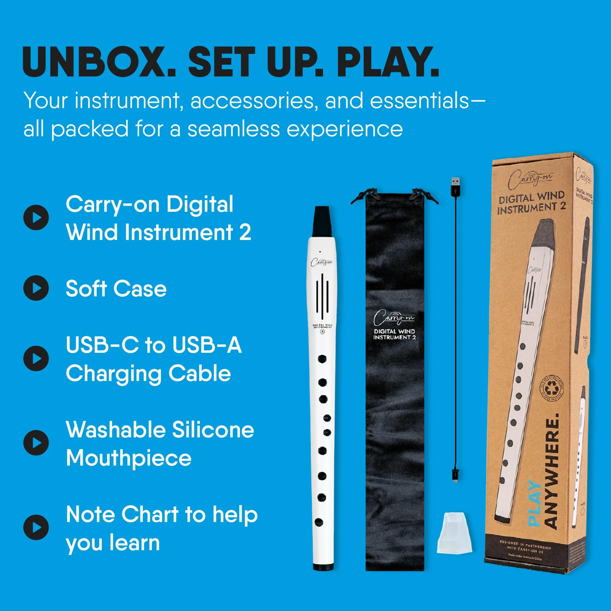 Carry-on Strumento a fiato digitale 2-10 voci, batteria ricaricabile USB integrata, uscita cuffie per pratica silenziosa, registratore digitale Midi Over Bluetooth bianco